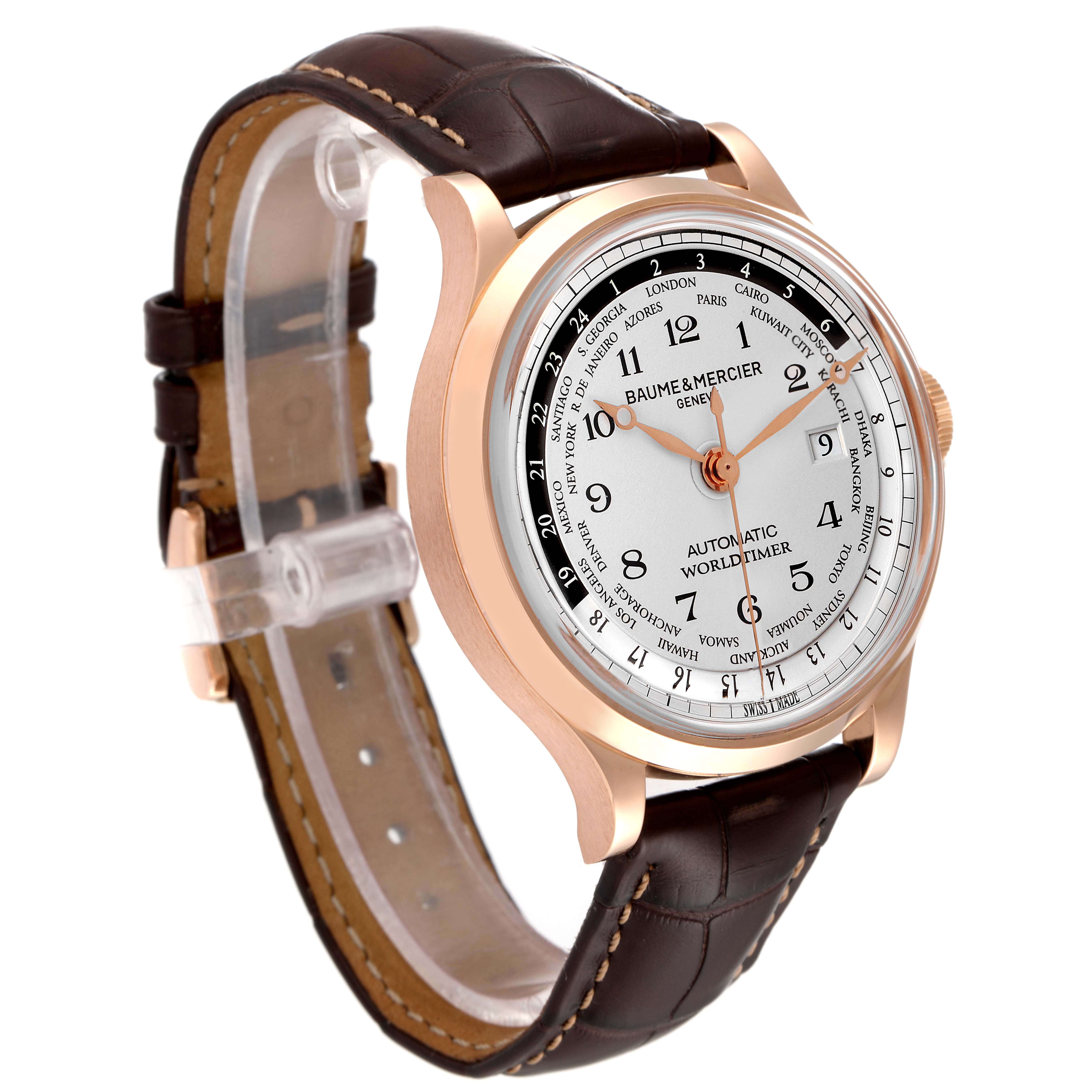 The Baume & Mercier Capeland M0A10107 Men's Rose Gold Silver Dial M0A10107 Men's Rose Gold Silver Dial watch is shown at a three-quarter angle displaying the dial, case, and leather strap.