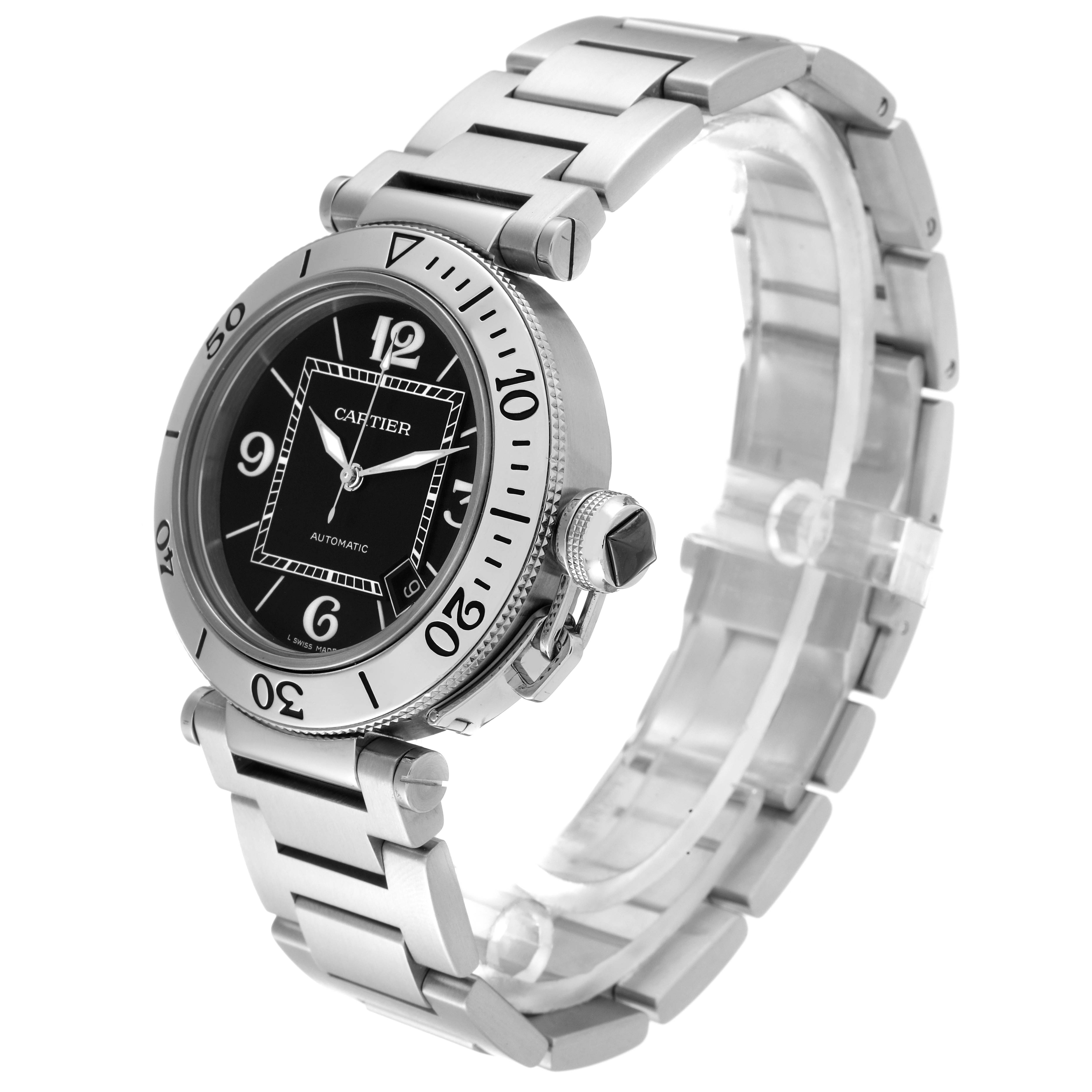 This image shows a Cartier Pasha W31077M7 Men's Stainless Steel Black Dial W31077M7 Men's Stainless Steel Black Dial watch at a three-quarter angle, highlighting its face, bezel, crown, and metal bracelet.