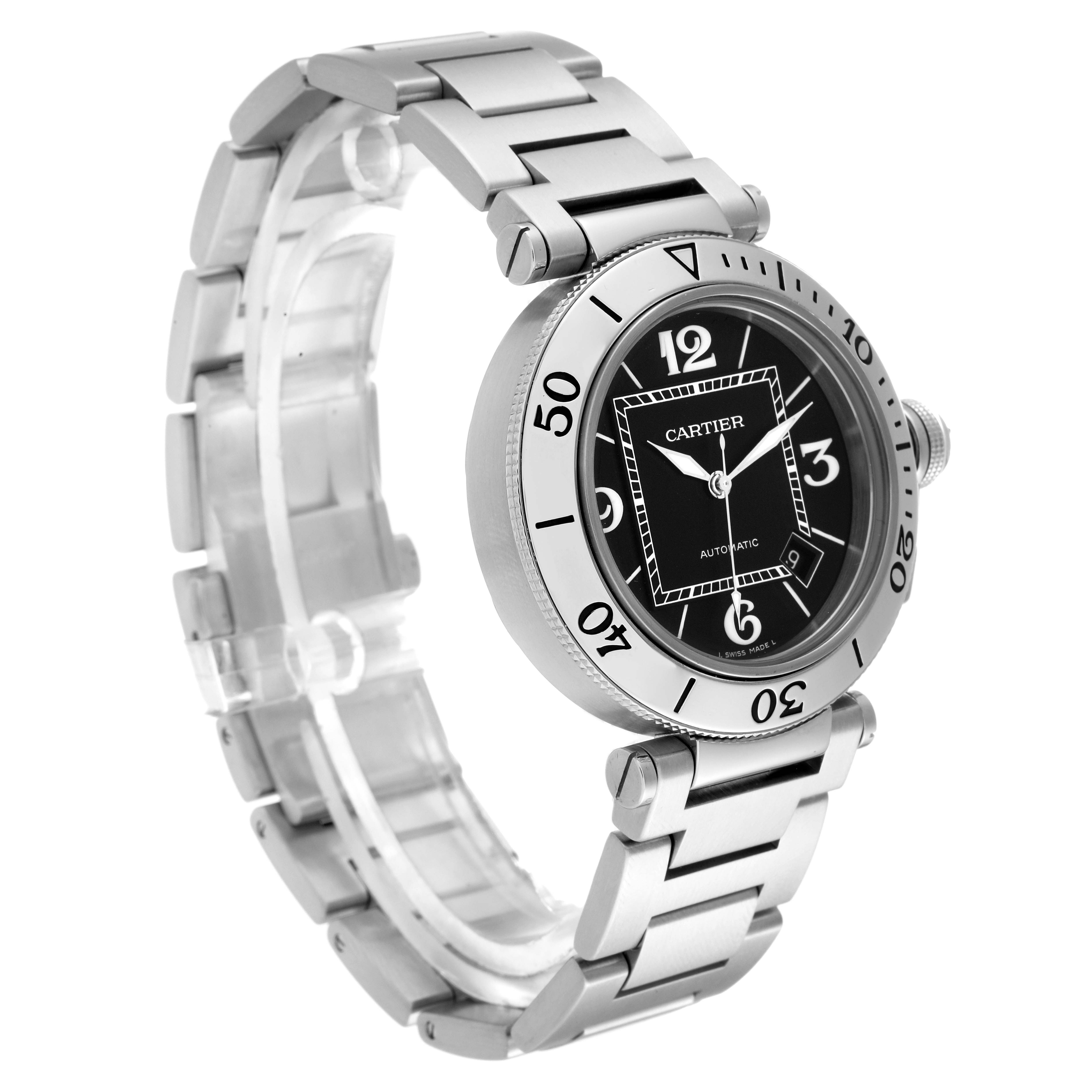 The image shows a Cartier Pasha W31077M7 Men's Stainless Steel Black Dial W31077M7 Men's Stainless Steel Black Dial model watch at an oblique angle, highlighting the face, bezel, and bracelet.