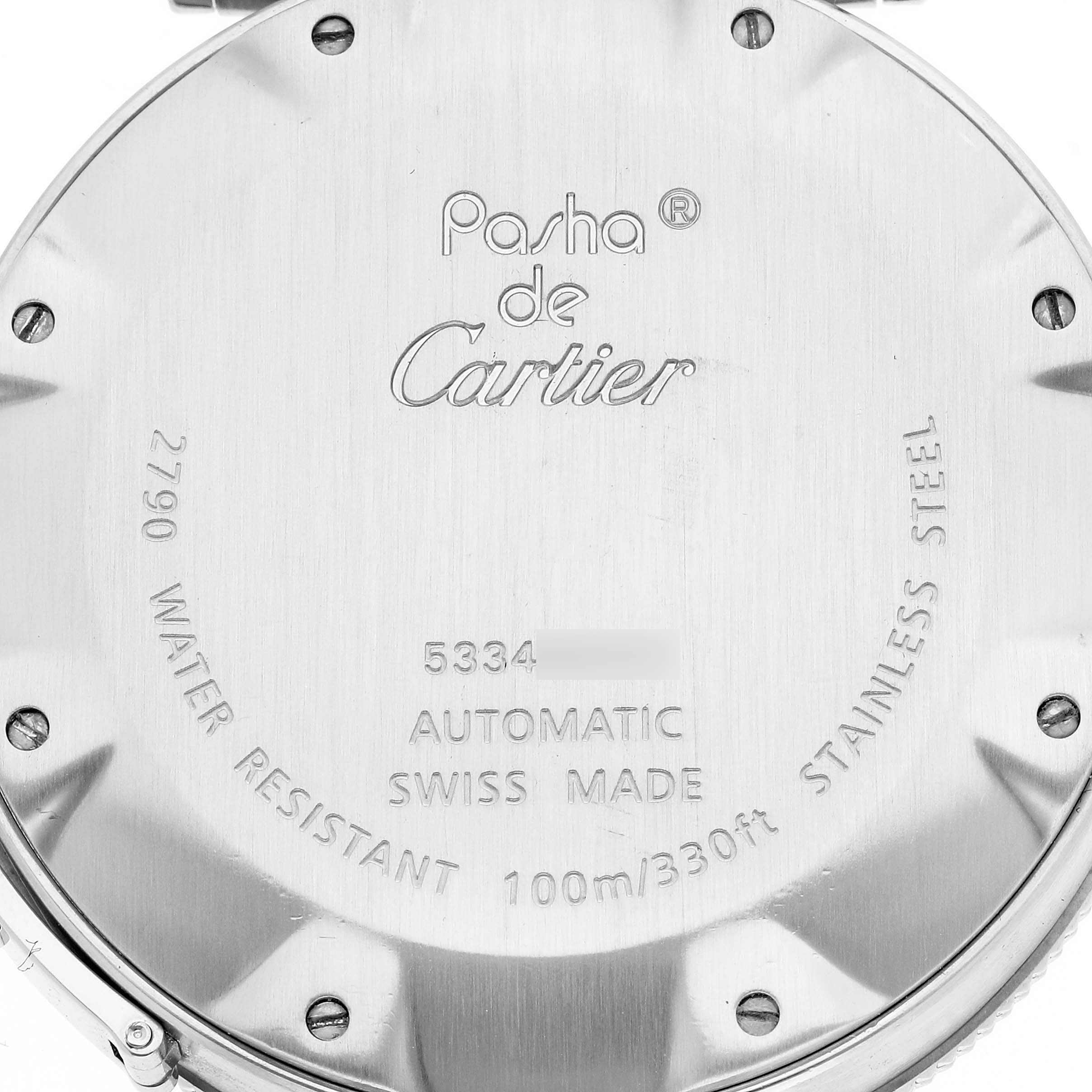 This image shows the case back of the Cartier Pasha W31077M7 Men's Stainless Steel Black Dial W31077M7 Men's Stainless Steel Black Dial watch with detailed engravings and brand information.