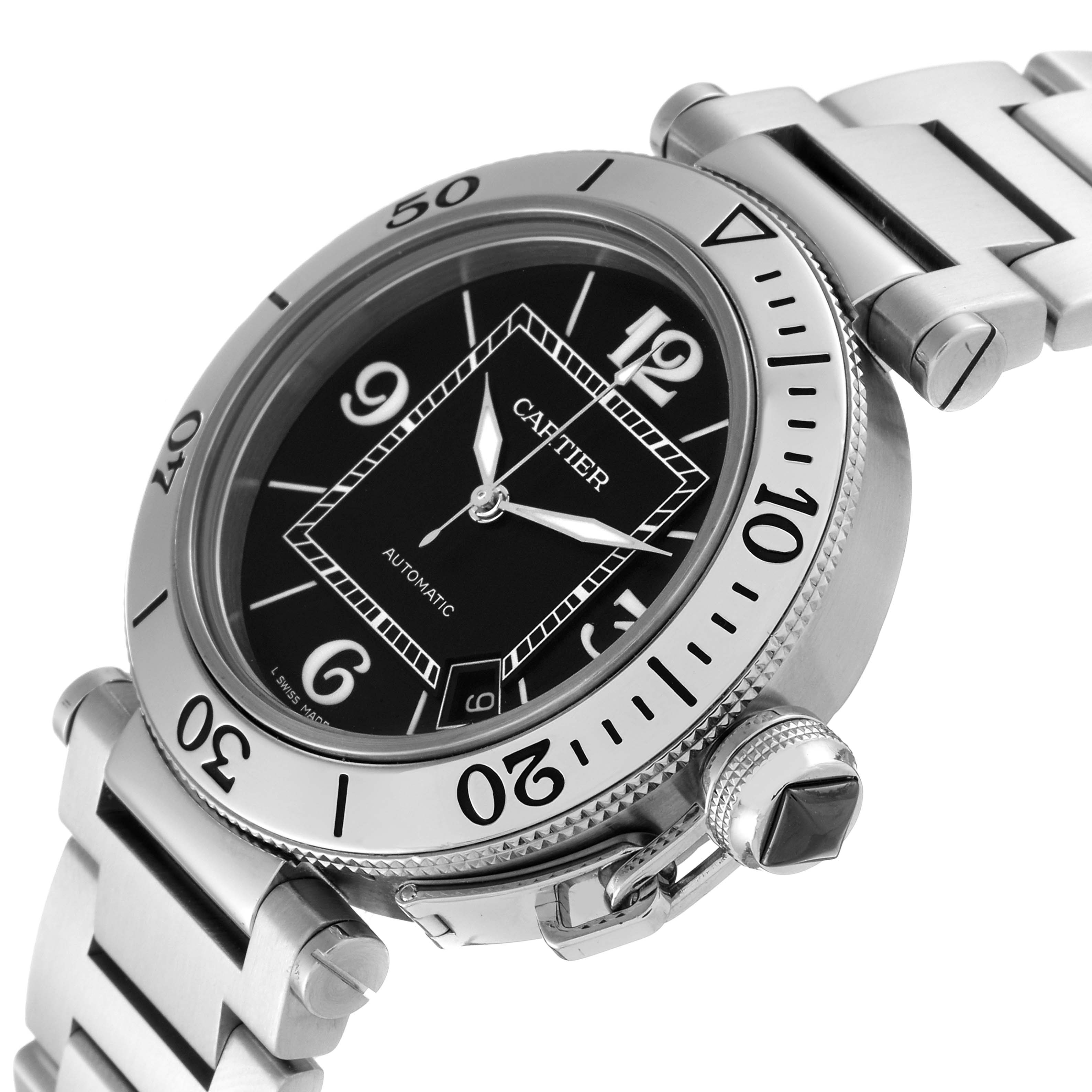 The image shows a Cartier Pasha W31077M7 Men's Stainless Steel Black Dial W31077M7 Men's Stainless Steel Black Dial watch from a side angle, highlighting the dial, bezel, bracelet, and crown.