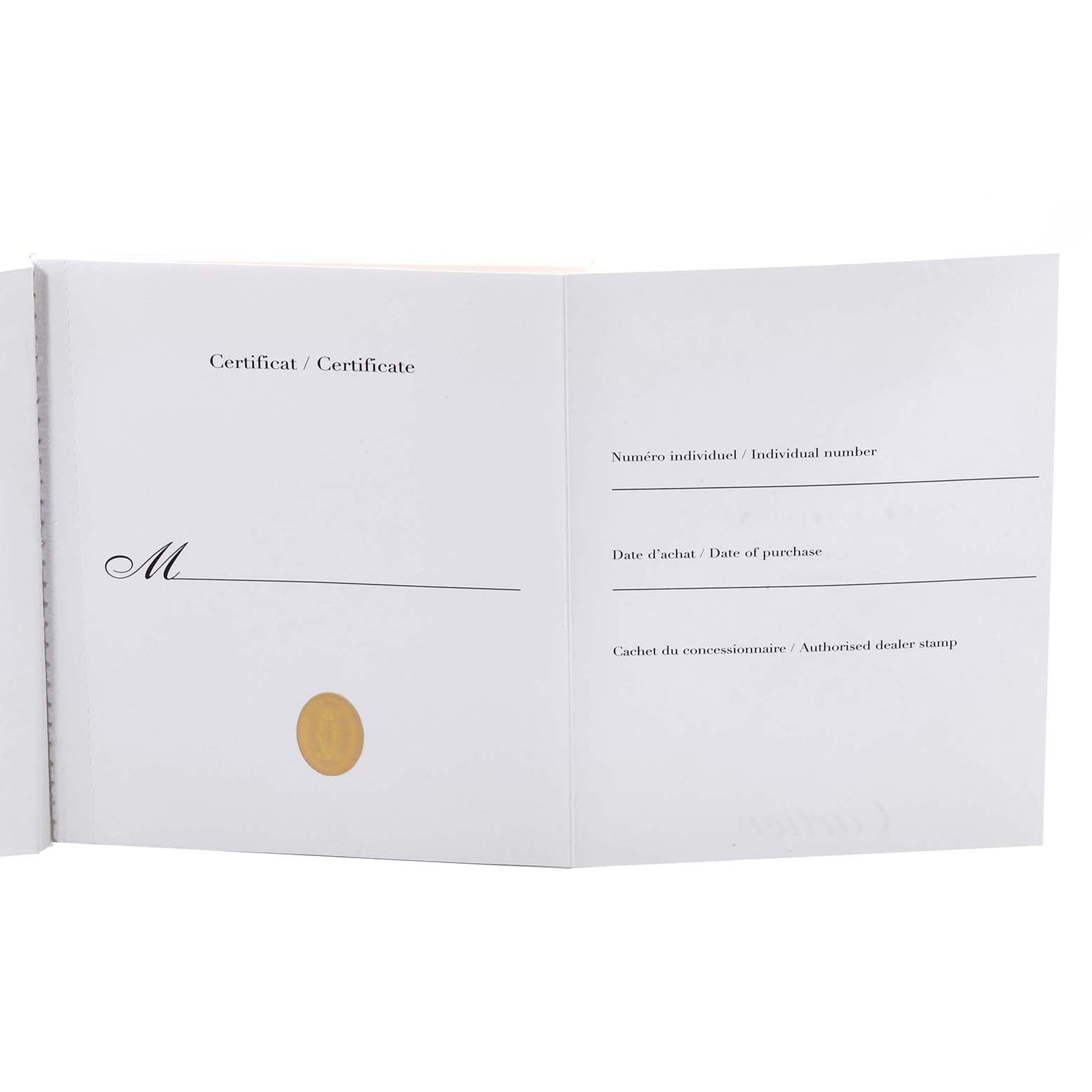 The image shows the opened warranty certificate booklet for the Cartier Pasha W31077M7 Men's Stainless Steel Black Dial W31077M7 Men's Stainless Steel Black Dial model watch.