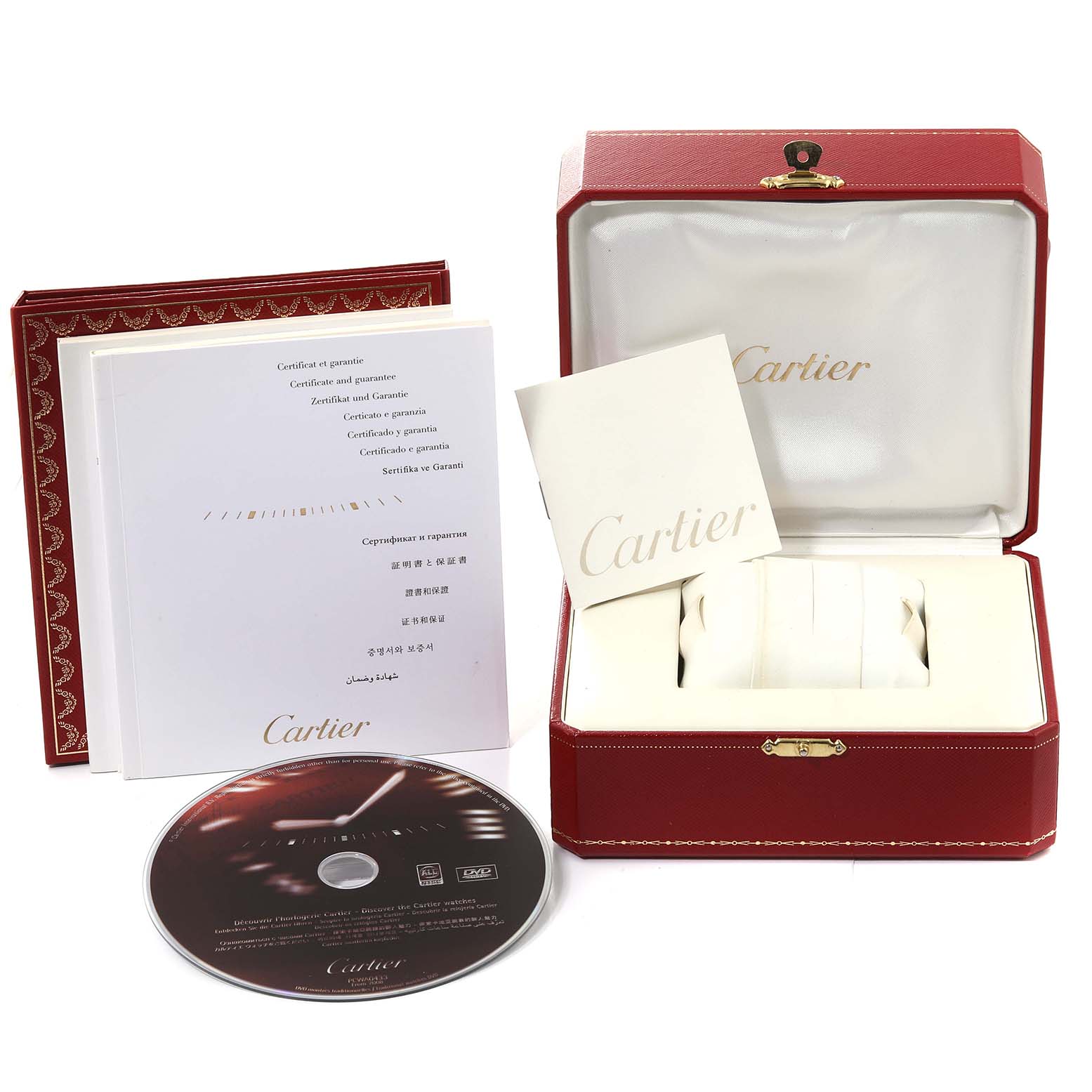 The image shows a Cartier Pasha W31077M7 Men's Stainless Steel Black Dial W31077M7 Men's Stainless Steel Black Dial watch box, warranty paperwork, booklet, and a CD from a front angle.