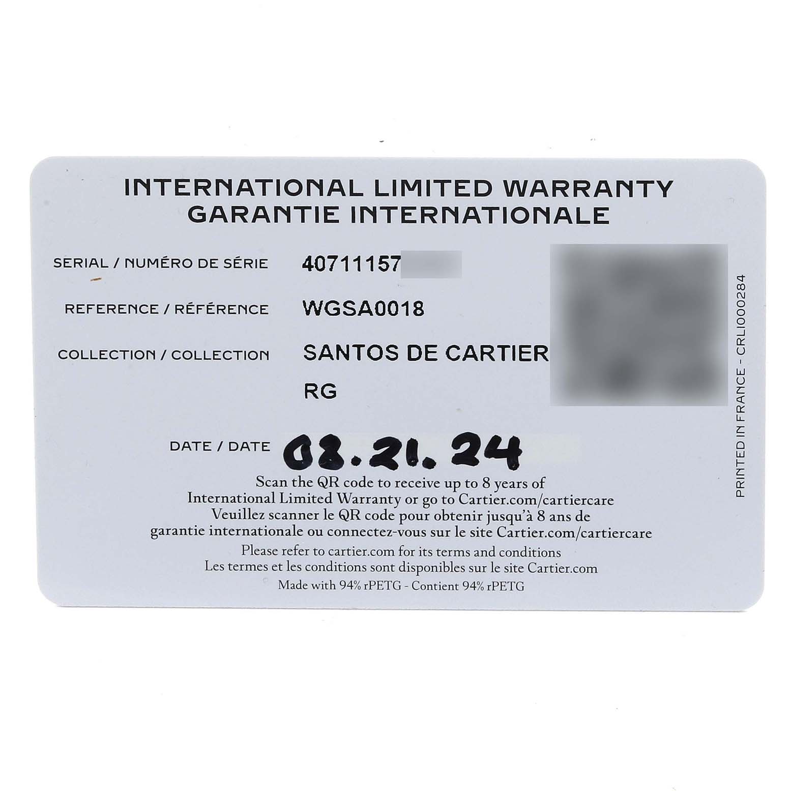 The image shows the warranty card for the Cartier Santos WGSA0018 Men's Rose Gold Silver Dial WGSA0018 Men's Rose Gold Silver Dial model, detailing serial and reference numbers.