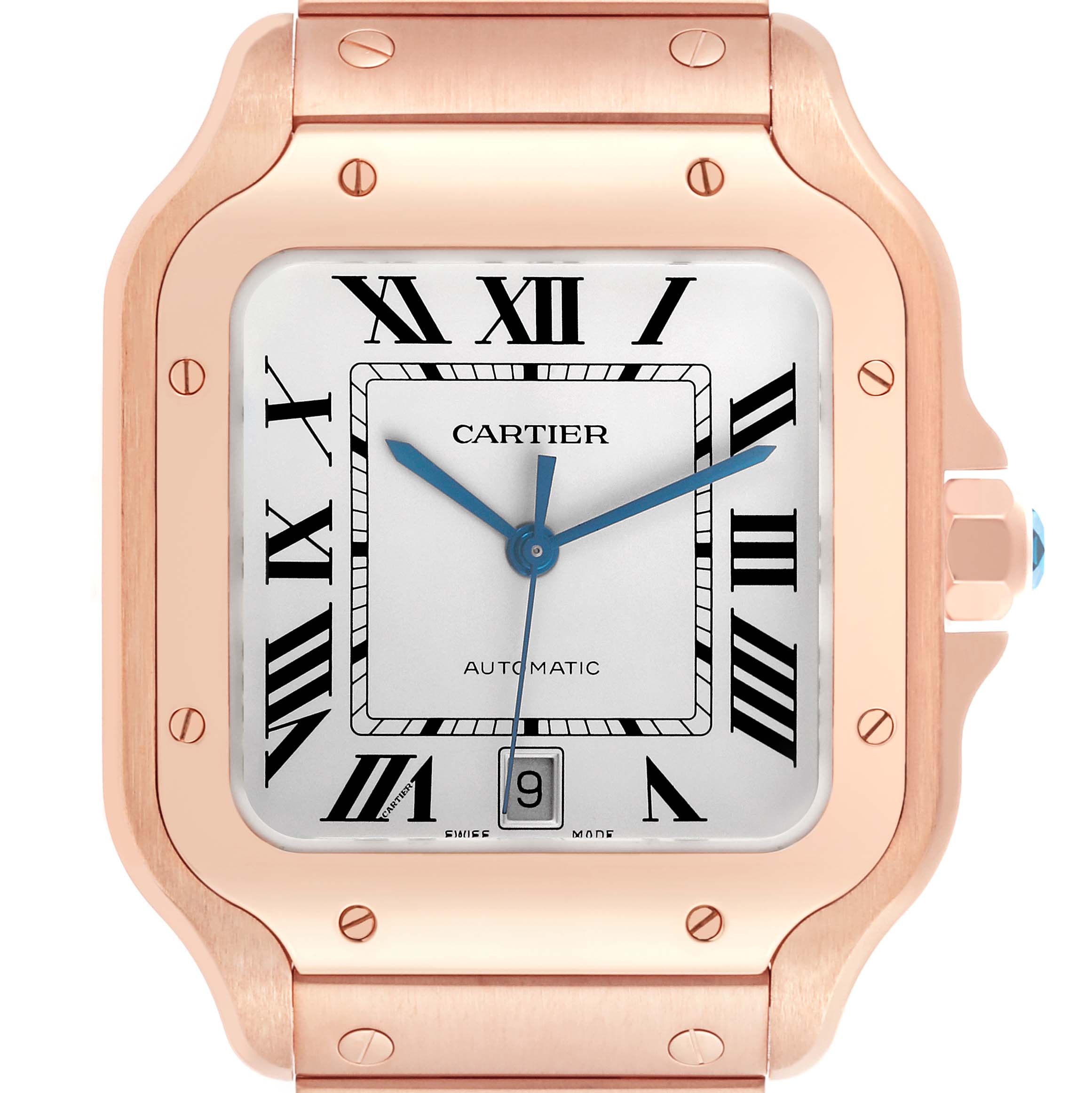 The Cartier Santos WGSA0018 Men's Rose Gold Silver Dial WGSA0018 Men's Rose Gold Silver Dial watch is shown from the front, highlighting its face, bezel, and part of the bracelet.