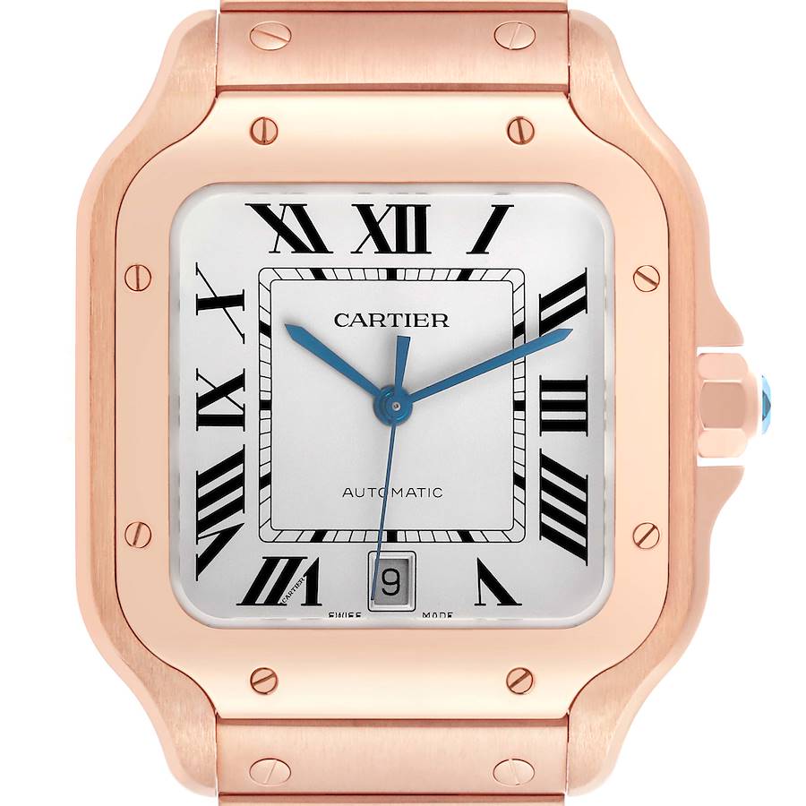 The Cartier Santos watch is shown from the front, highlighting its face, bezel, and part of the bracelet.