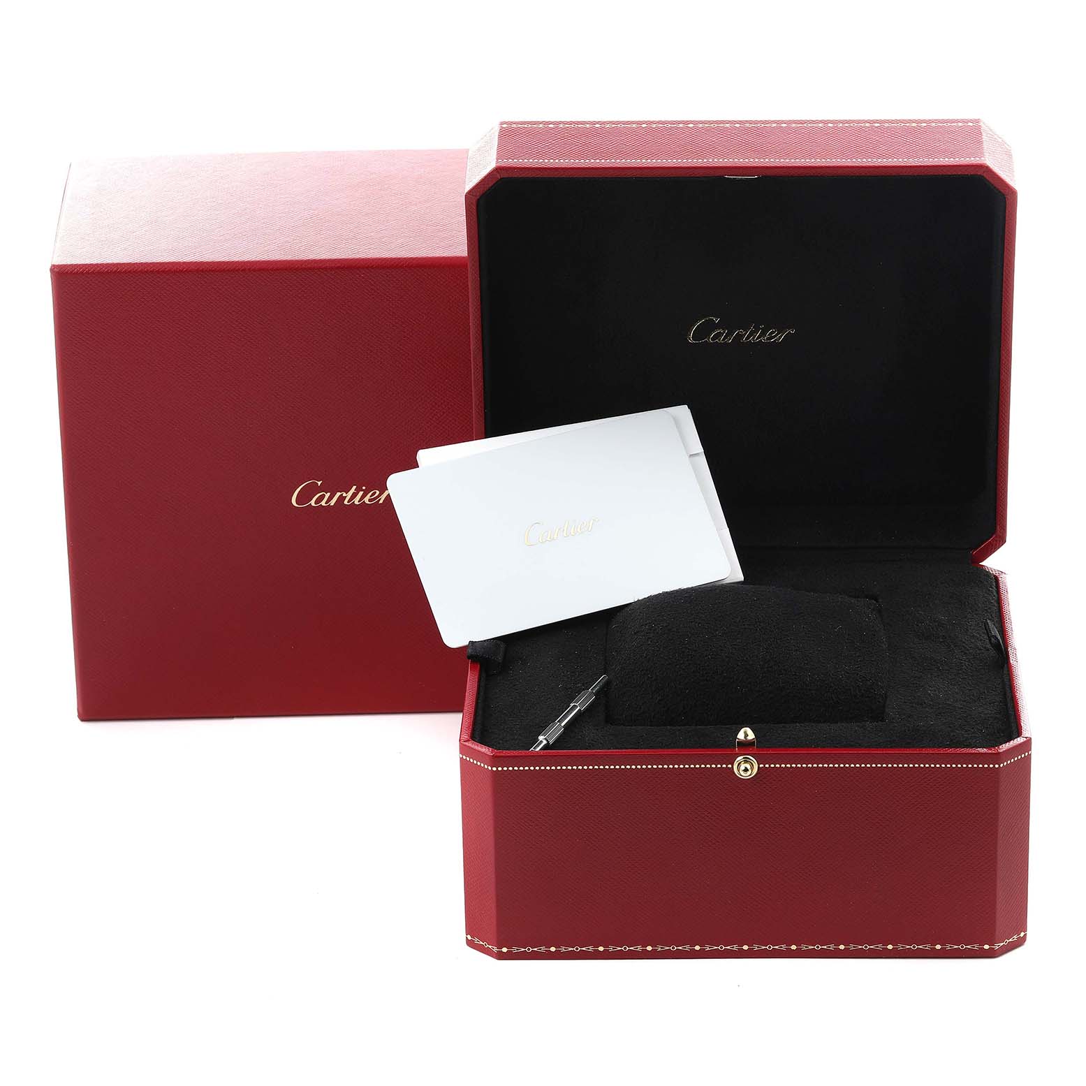 The Cartier Santos WGSA0018 Men's Rose Gold Silver Dial WGSA0018 Men's Rose Gold Silver Dial watch accessories include a red box, cushion, card, and a tool, displayed from a front angle.