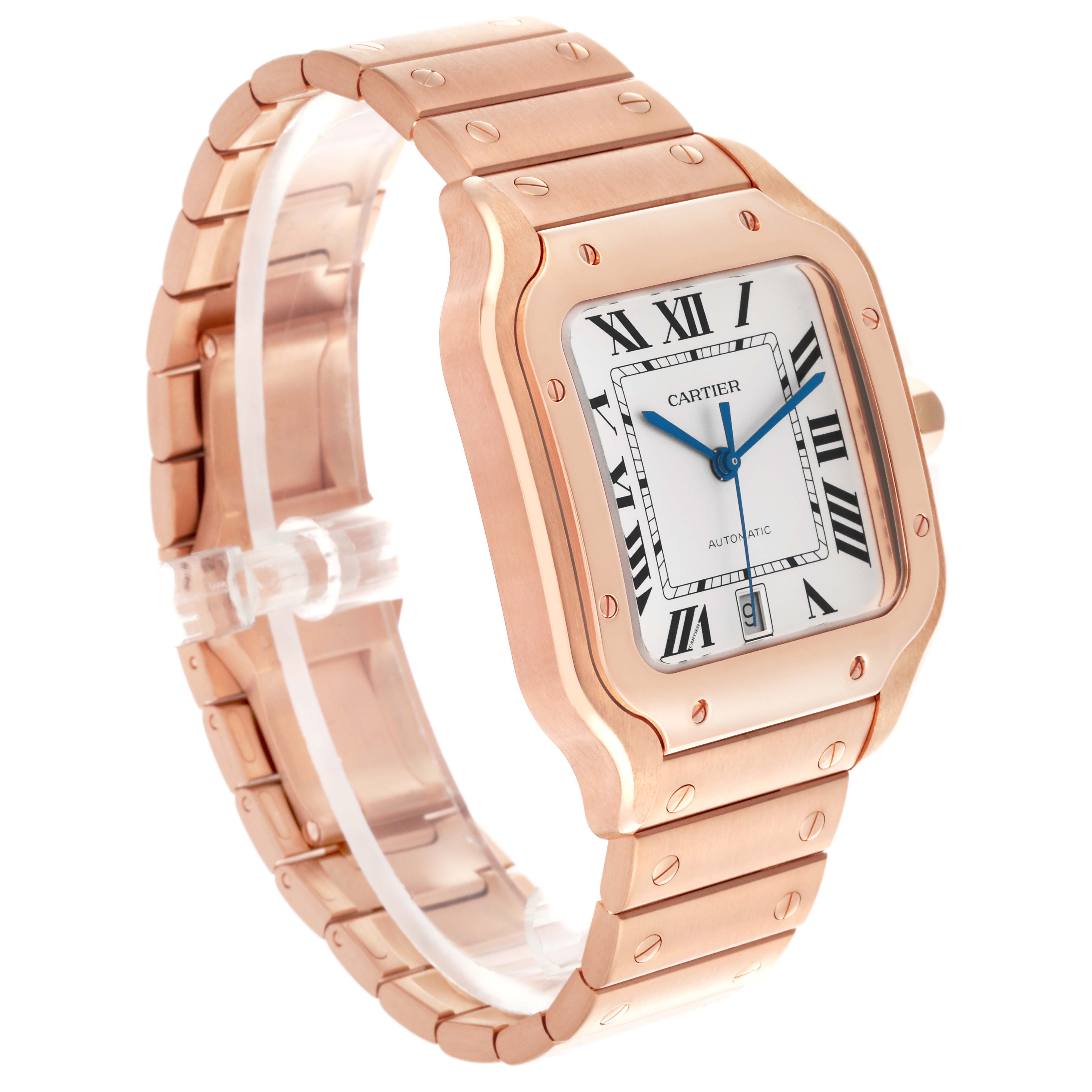 The Cartier Santos WGSA0018 Men's Rose Gold Silver Dial WGSA0018 Men's Rose Gold Silver Dial watch is shown from a three-quarter angle, featuring its face, case, and bracelet.