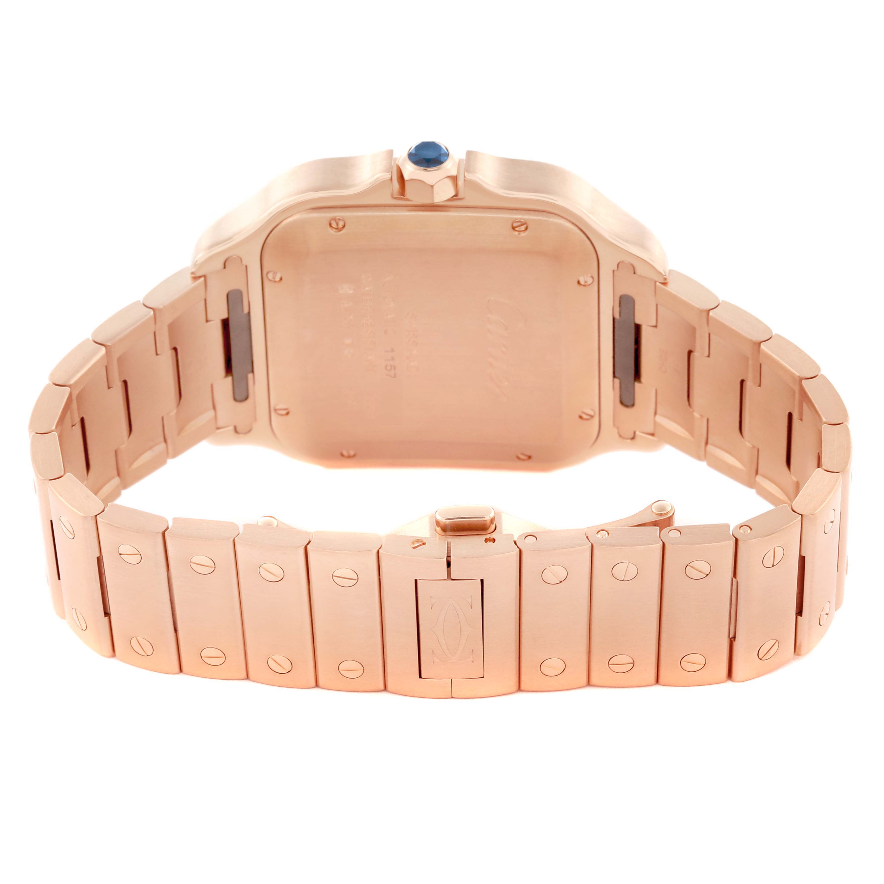 The image shows the back and bracelet of a Cartier Santos WGSA0018 Men's Rose Gold Silver Dial WGSA0018 Men's Rose Gold Silver Dial watch from a rear angle.