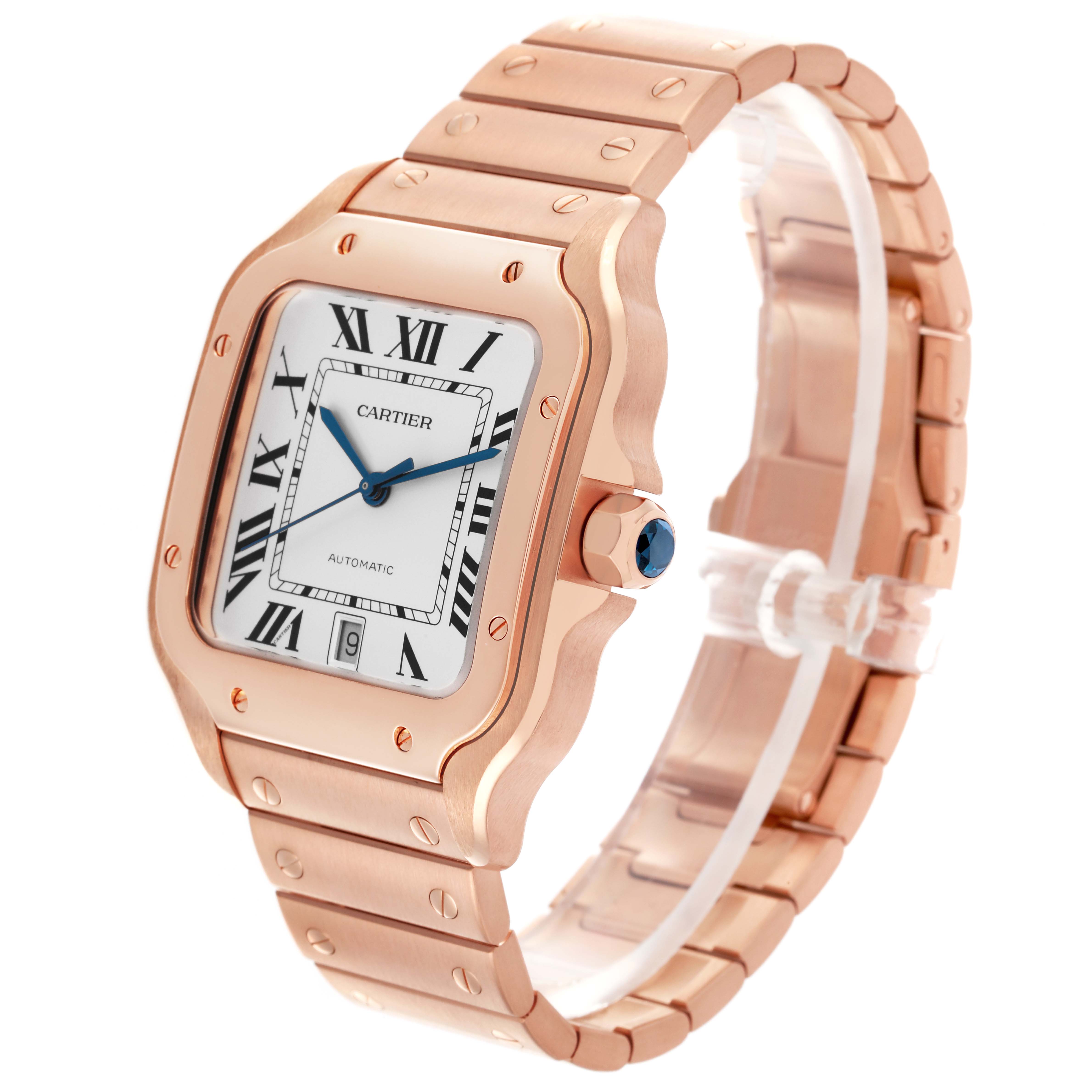 The Cartier Santos WGSA0018 Men's Rose Gold Silver Dial WGSA0018 Men's Rose Gold Silver Dial watch is shown at a three-quarter angle, displaying its face, bezel, and bracelet.
