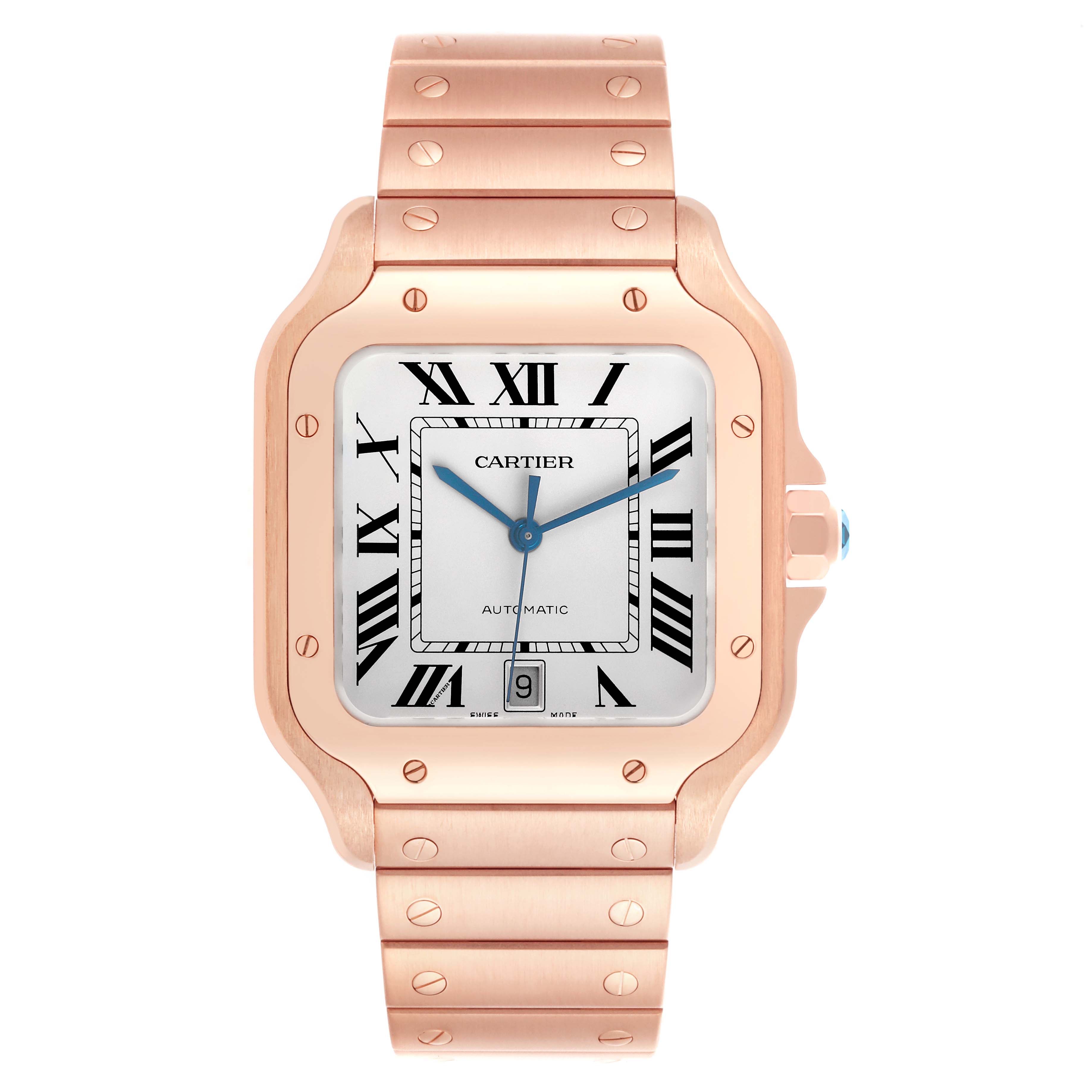 The Cartier Santos WGSA0018 Men's Rose Gold Silver Dial WGSA0018 Men's Rose Gold Silver Dial watch is shown from a front angle, displaying the case, dial, crown, and bracelet.