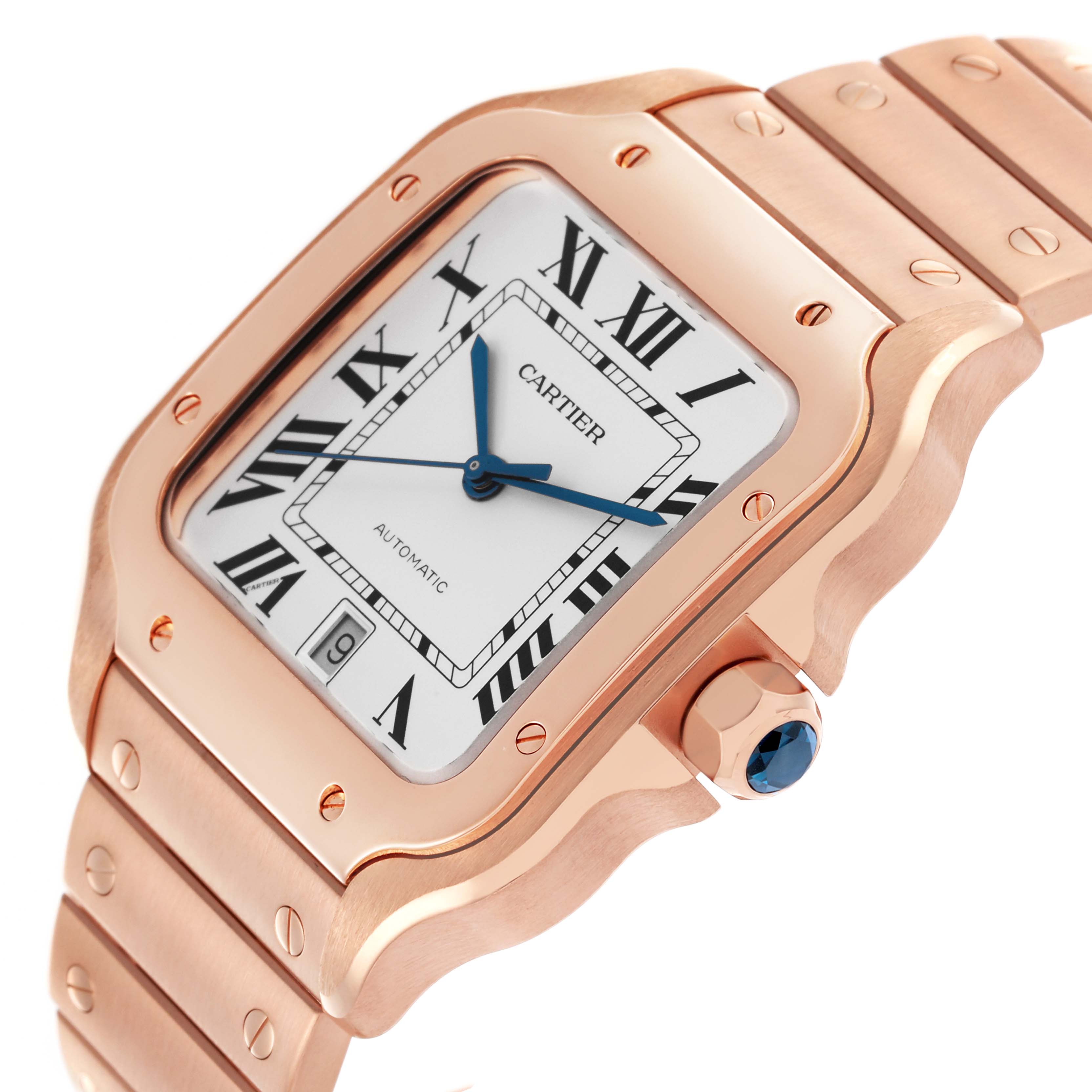 The Cartier Santos WGSA0018 Men's Rose Gold Silver Dial WGSA0018 Men's Rose Gold Silver Dial watch is shown from a side angle, highlighting the face, bezel, crown, and part of the bracelet.