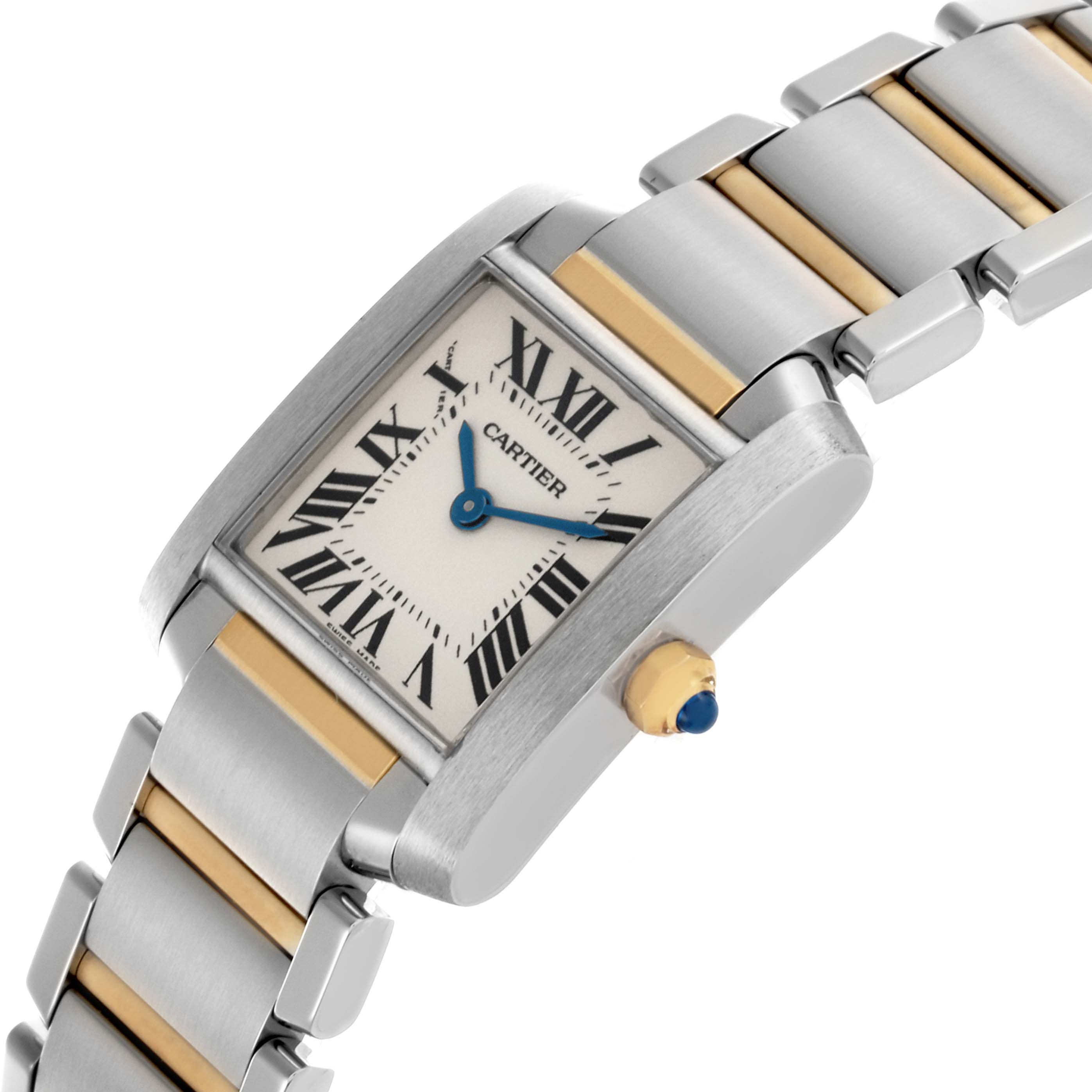 The Cartier Tank Française watch is shown at an angled view highlighting its rectangular case and two-tone bracelet.