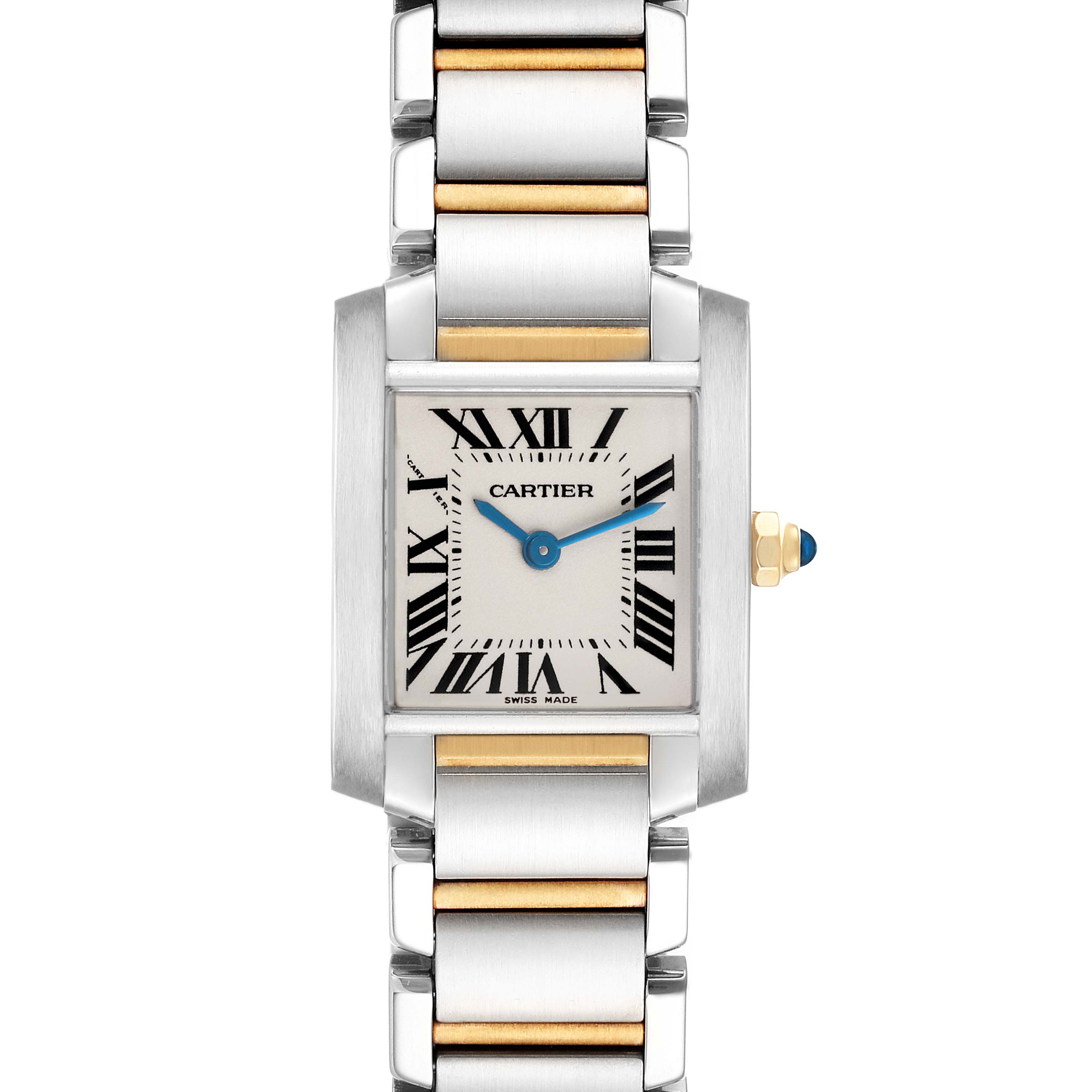 The Cartier Tank Francaise W51007Q4 Women's Steel and Gold (two tone) Silver Dial W51007Q4 Women's Steel and Gold (two tone) Silver Dial watch is shown from a front view, displaying the face, Roman numerals, and two-tone bracelet.