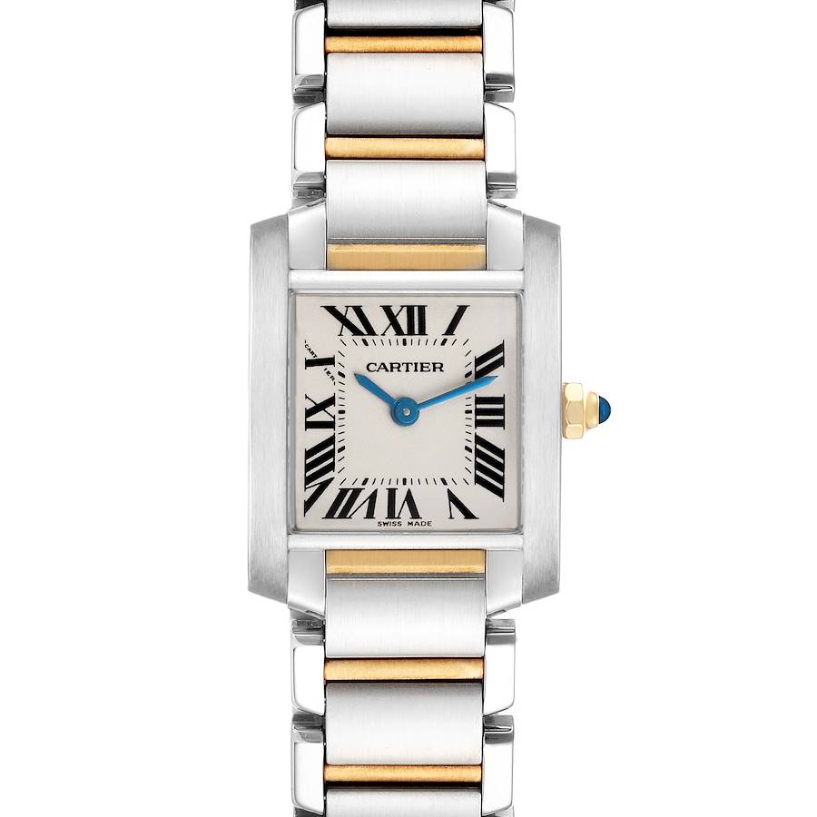 The Cartier Tank Francaise watch is shown from a front view, displaying the face, Roman numerals, and two-tone bracelet.