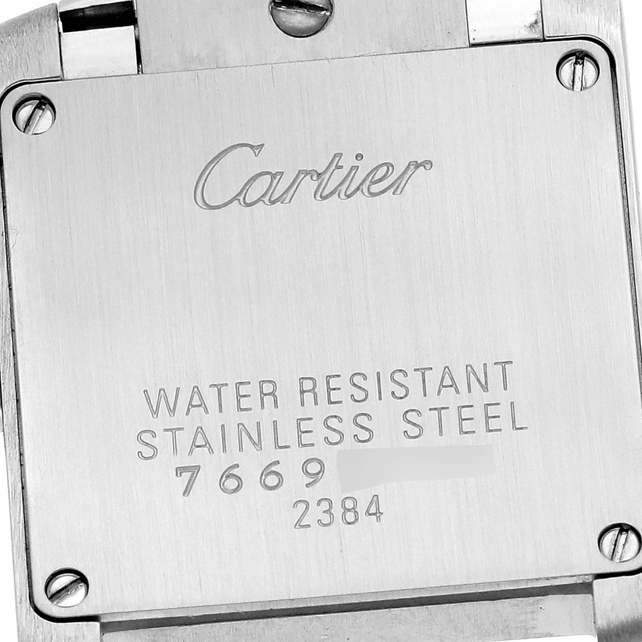 The image shows the back case of the Cartier Tank Francaise W51007Q4 Women's Steel and Gold (two tone) Silver Dial W51007Q4 Women's Steel and Gold (two tone) Silver Dial watch, highlighting its water resistance and stainless steel material.