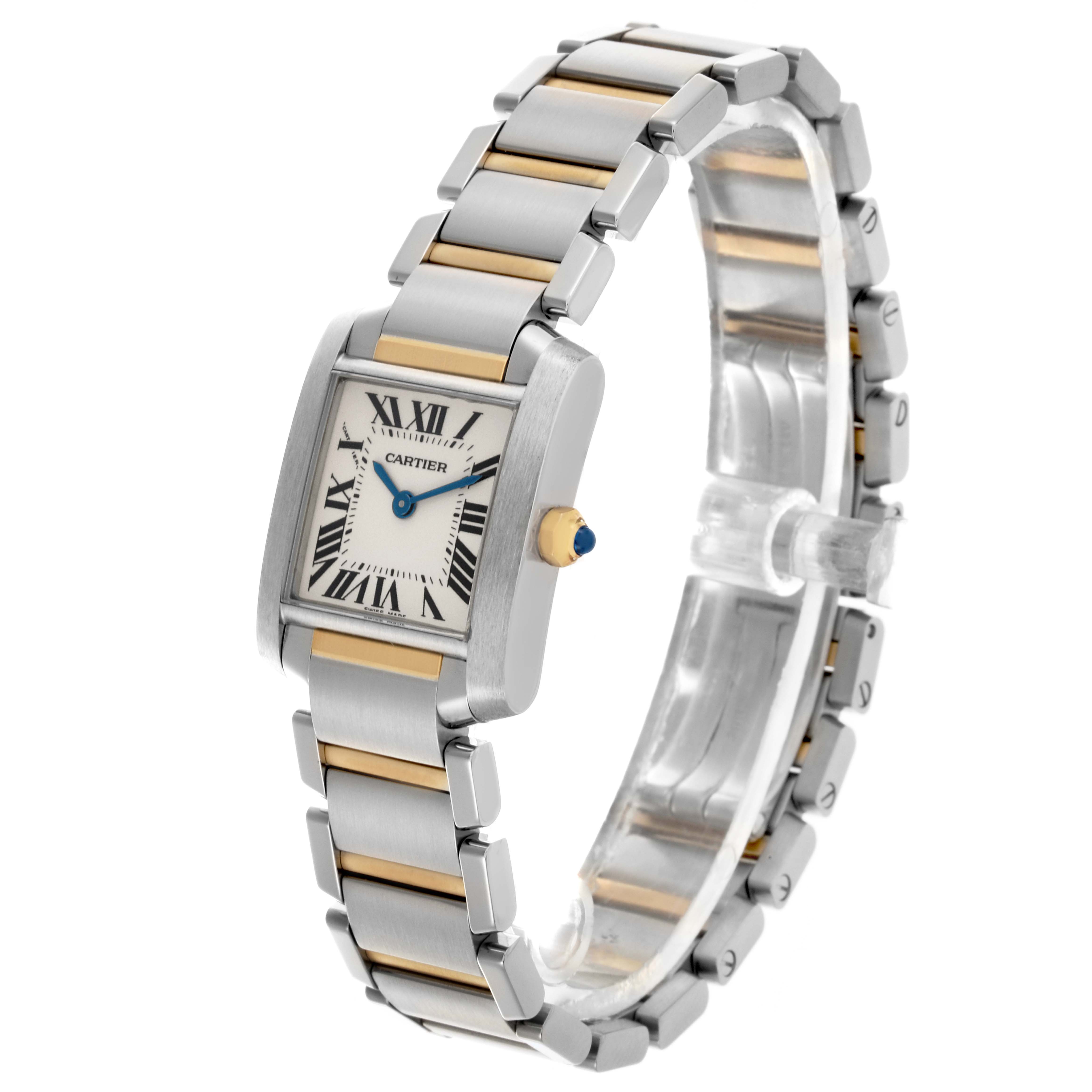 The Cartier Tank Française watch is shown at an angle displaying the face, bracelet, and side detail.