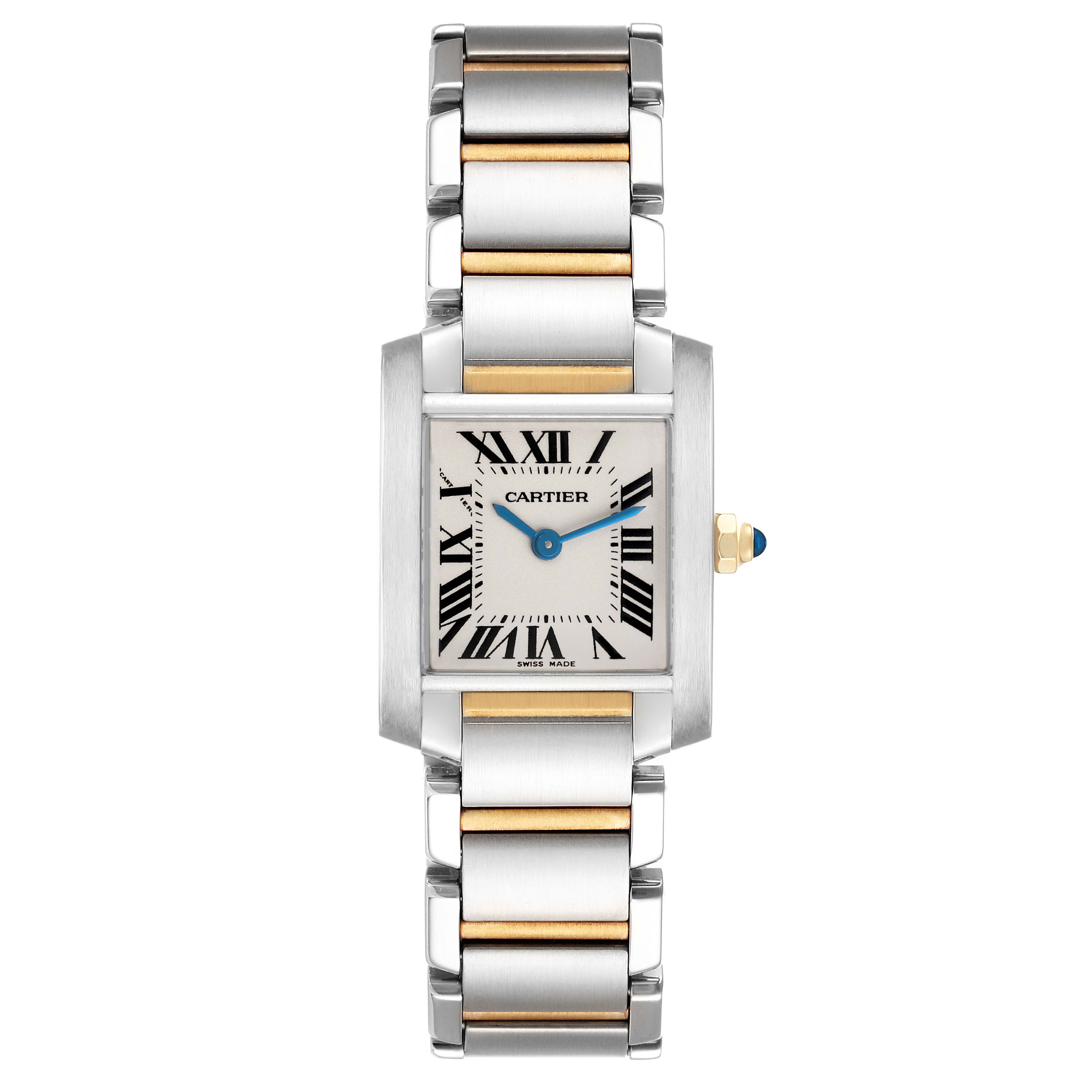 The Cartier Tank Française watch is shown from a top view, highlighting the face, bracelet, and crown.