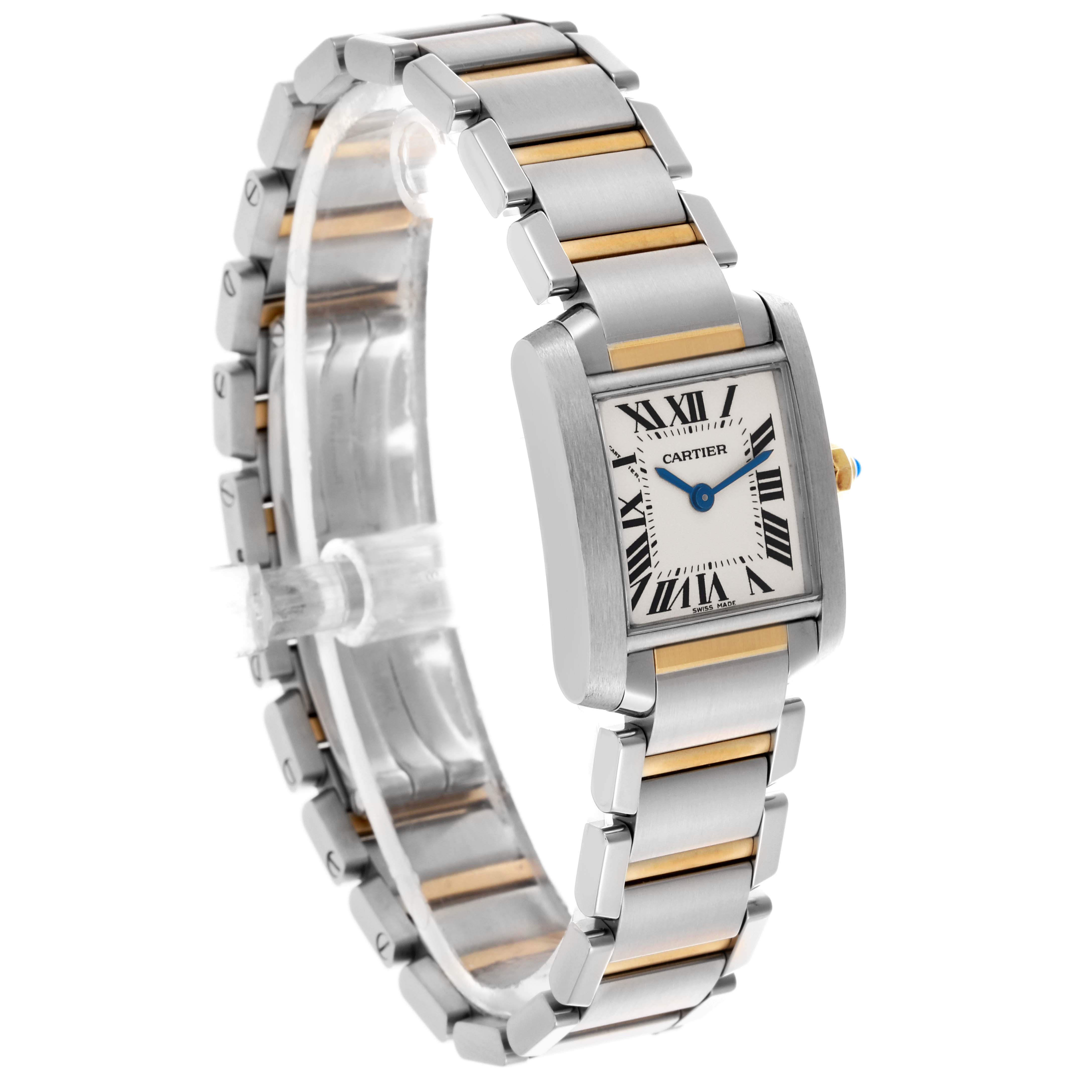 The Tank Française by Cartier is shown at an angled front view, displaying the face, crown, and two-tone bracelet.
