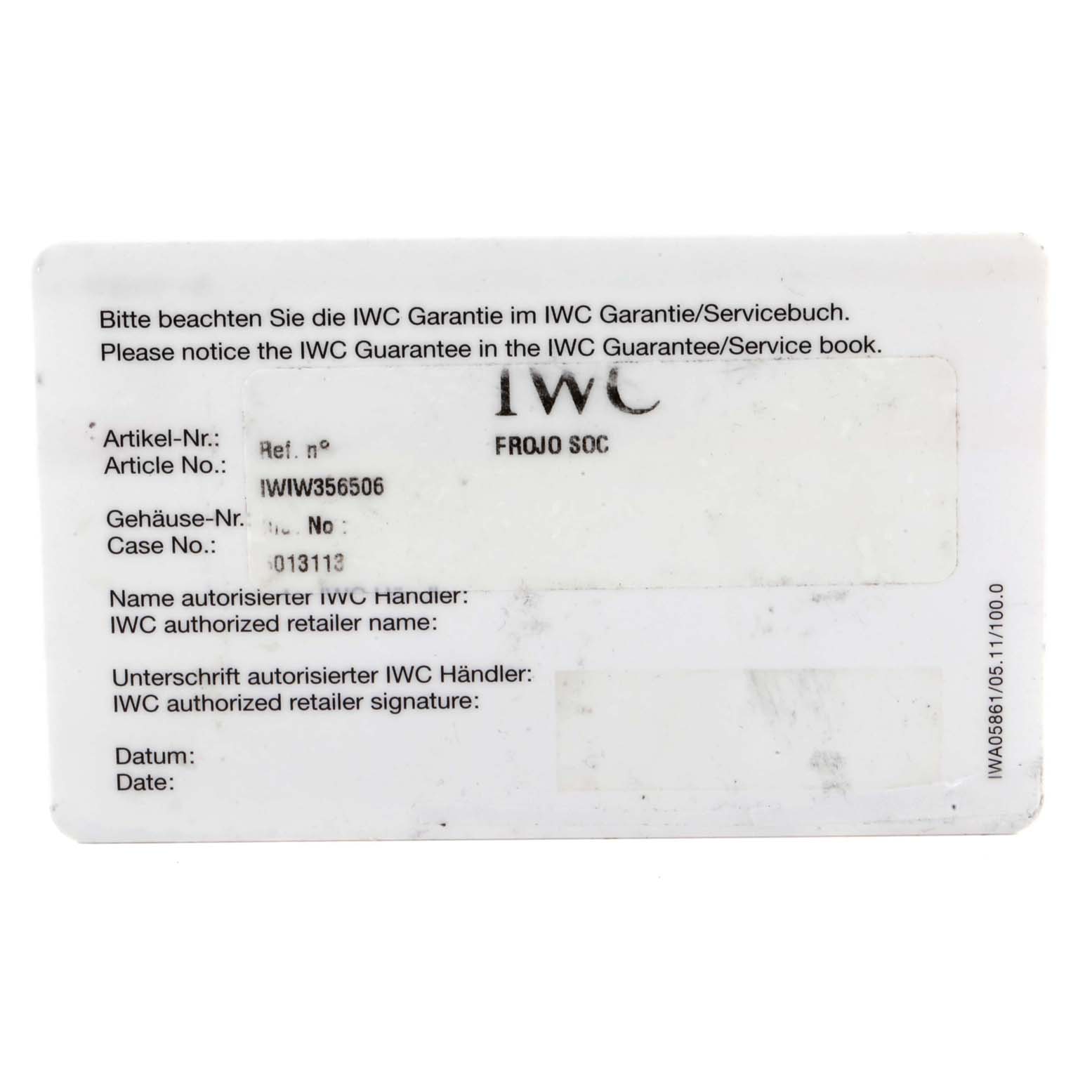 This image shows a close-up of an IWC Portofino IW356506 Men
s Stainless Steel Black Dial IW356506 Men
s Stainless Steel Black Dial model warranty card.