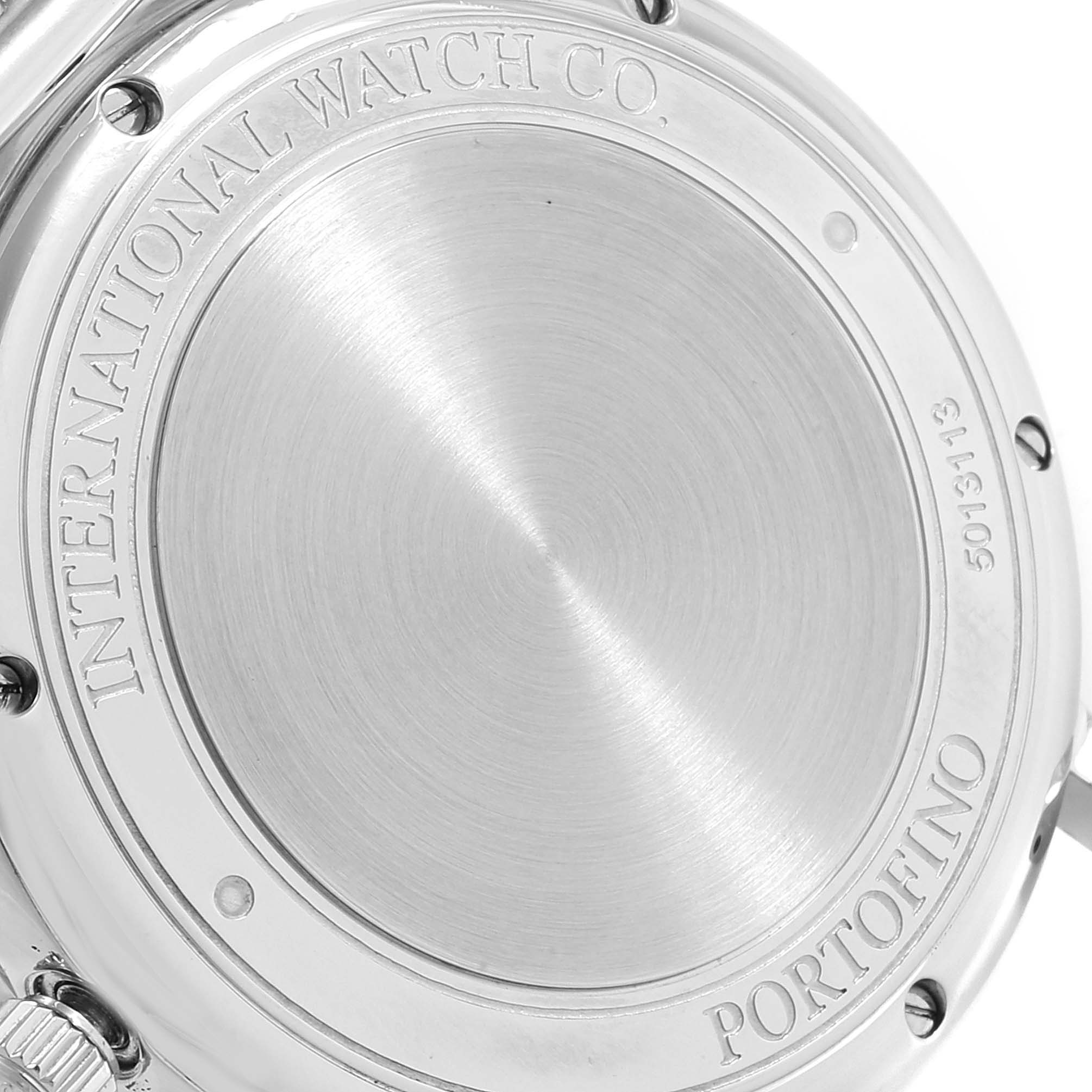 This image shows the back case of an IWC Portofino IW356506 Men
s Stainless Steel Black Dial IW356506 Men
s Stainless Steel Black Dial watch, highlighting the brand and model engravings.