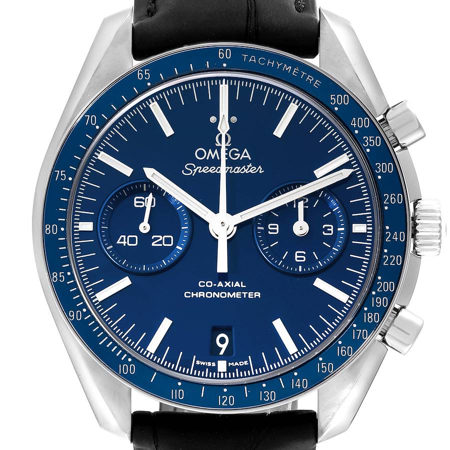 The image shows a front view of the Omega Speedmaster, displaying the dial, subdials, tachymeter, and crown.