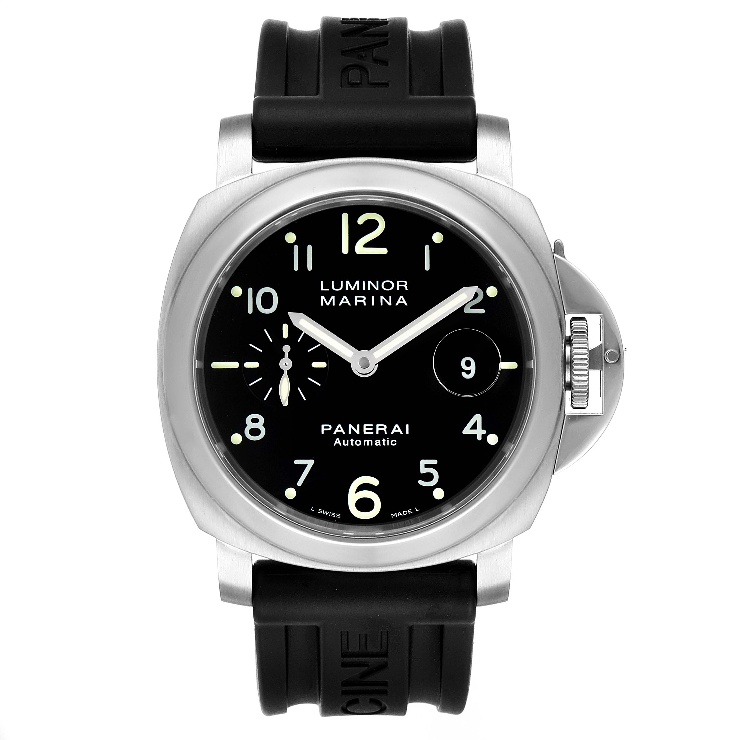 This image shows a front view of the Panerai Luminor PAM00164 Men
s Stainless Steel Black Dial PAM00164 Men
s Stainless Steel Black Dial Marina, highlighting the dial, case, and rubber strap.