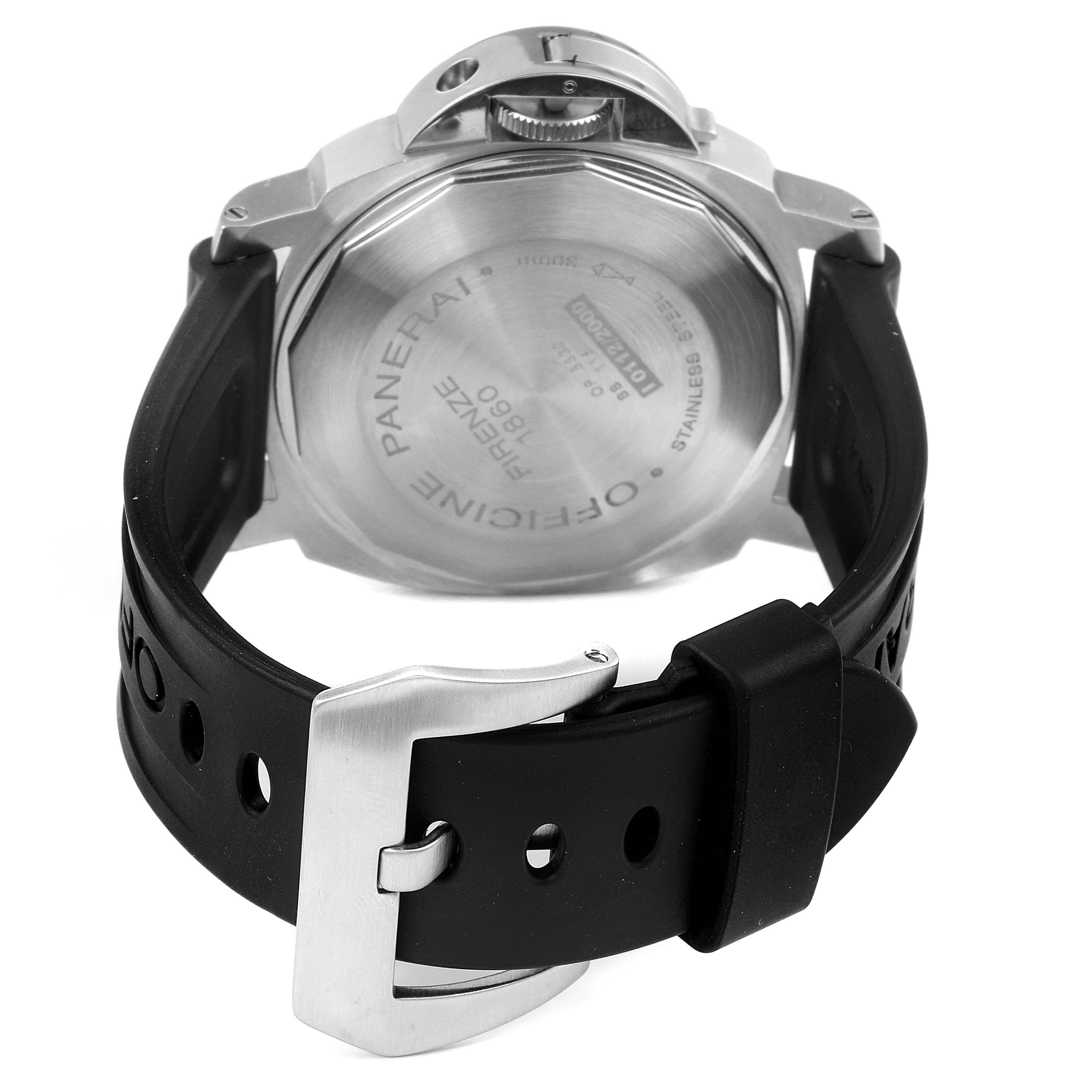 This image shows the back case and strap of the Panerai Luminor PAM00164 Men
s Stainless Steel Black Dial PAM00164 Men
s Stainless Steel Black Dial watch, displaying the buckle and engravings.