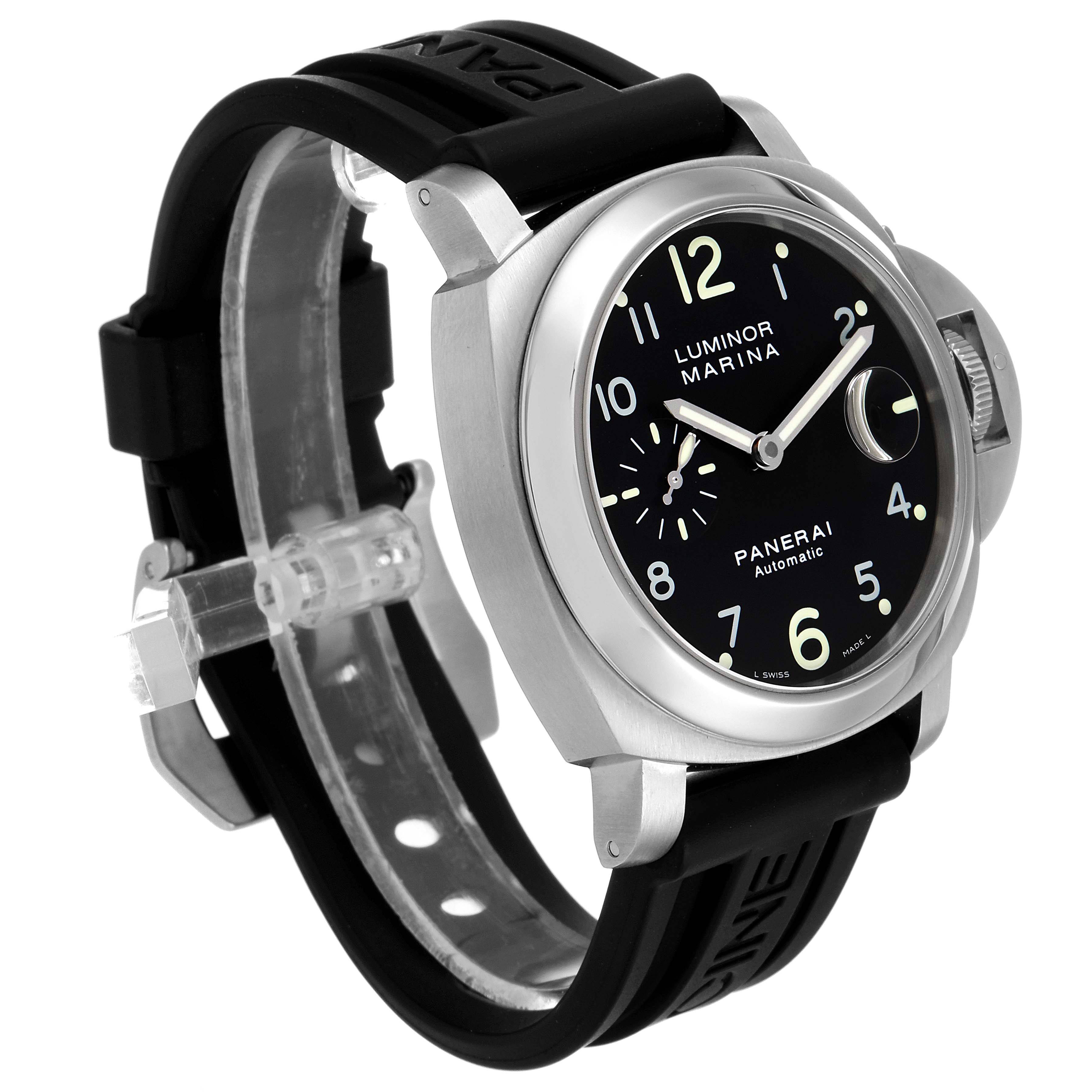 This image shows a Panerai Luminor PAM00164 Men
s Stainless Steel Black Dial PAM00164 Men
s Stainless Steel Black Dial Marina watch at a three-quarter angle, highlighting its case, dial, and rubber strap.