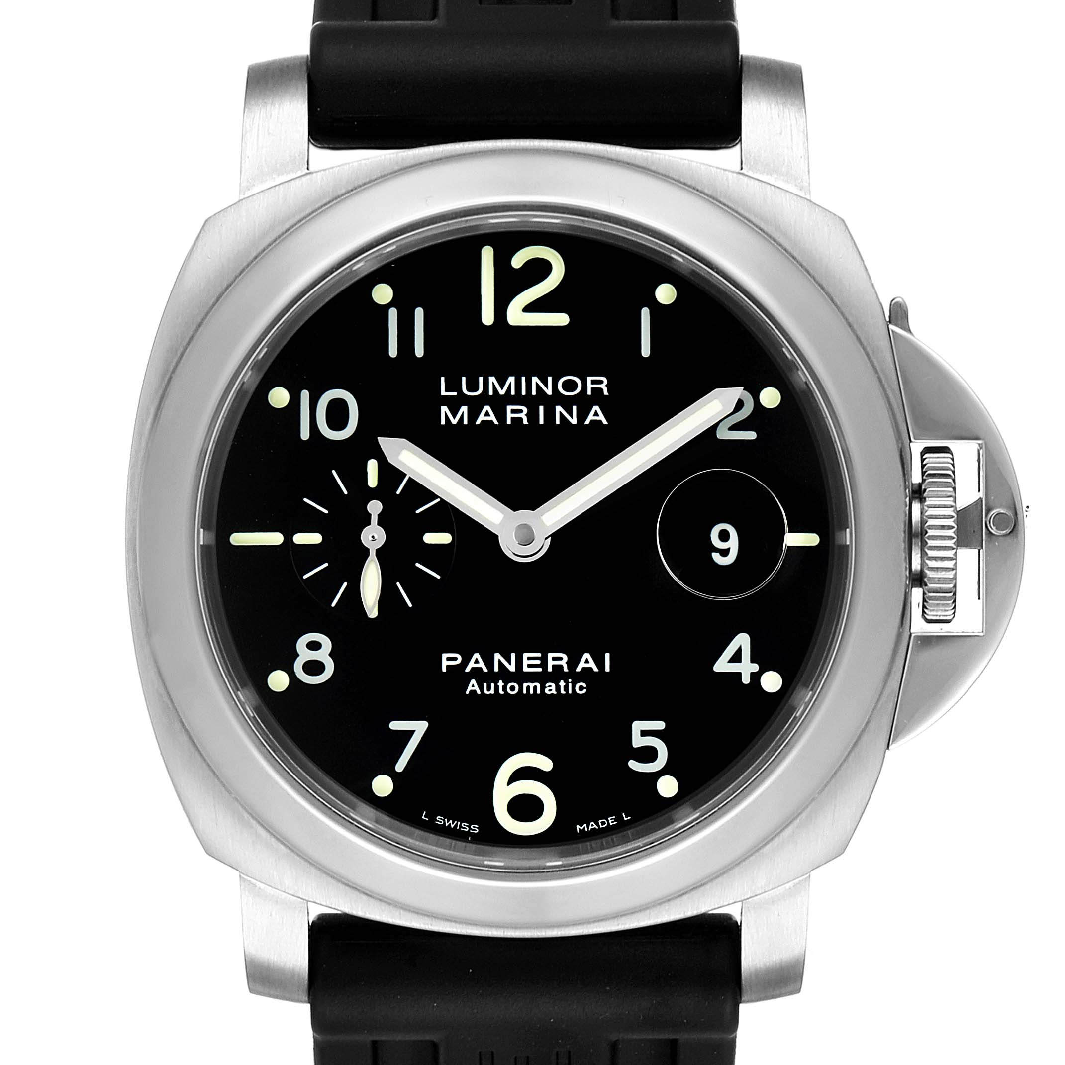 The image shows a front view of a Panerai Luminor PAM00164 Men
s Stainless Steel Black Dial PAM00164 Men
s Stainless Steel Black Dial Marina watch, displaying its dial, crown guard, and strap.