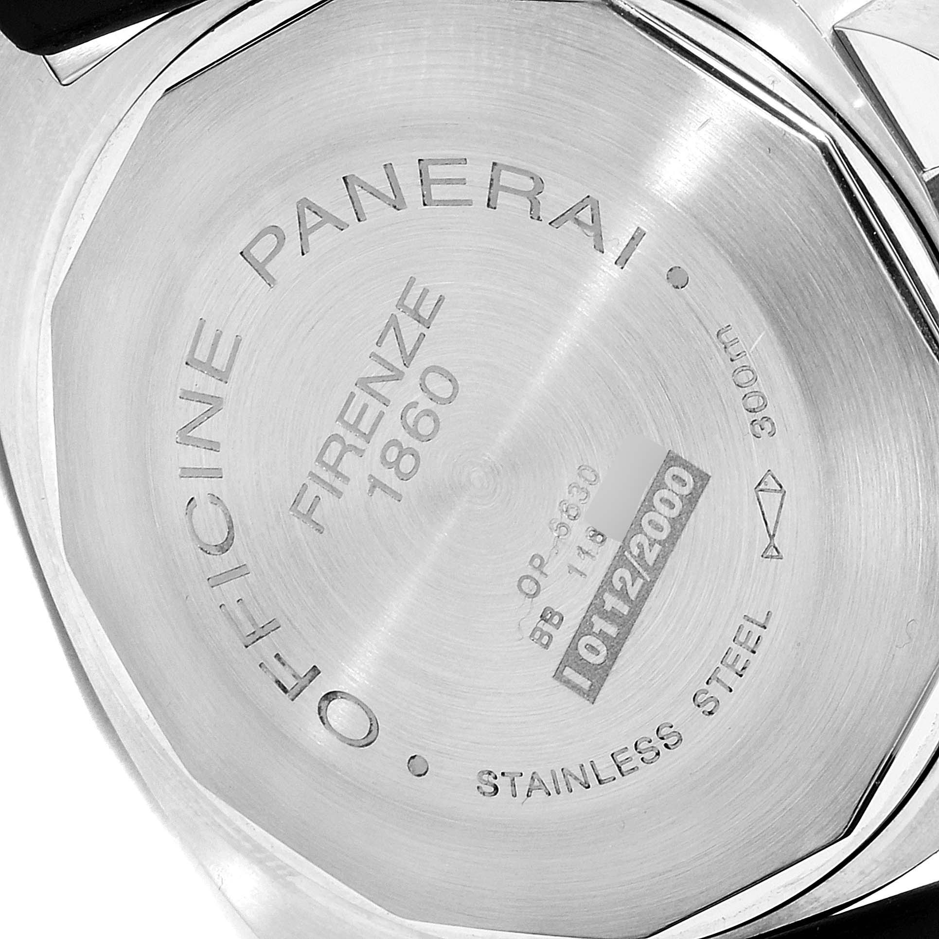 This image shows the back casing of a Panerai Luminor PAM00164 Men
s Stainless Steel Black Dial PAM00164 Men
s Stainless Steel Black Dial watch with engravings visible.