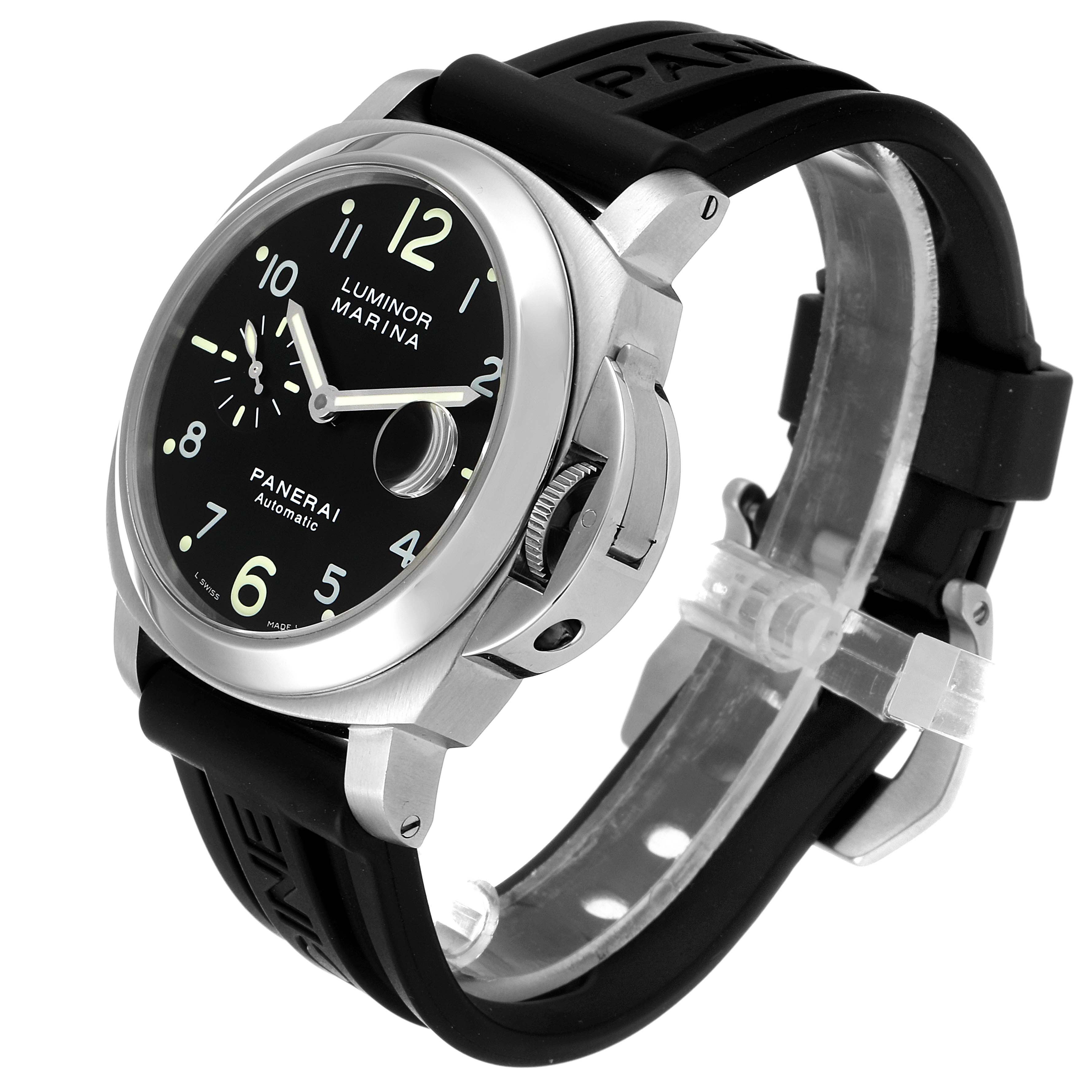 The Panerai Luminor PAM00164 Men
s Stainless Steel Black Dial PAM00164 Men
s Stainless Steel Black Dial watch is shown at a three-quarter angle displaying the dial, crown guard, and black rubber strap.