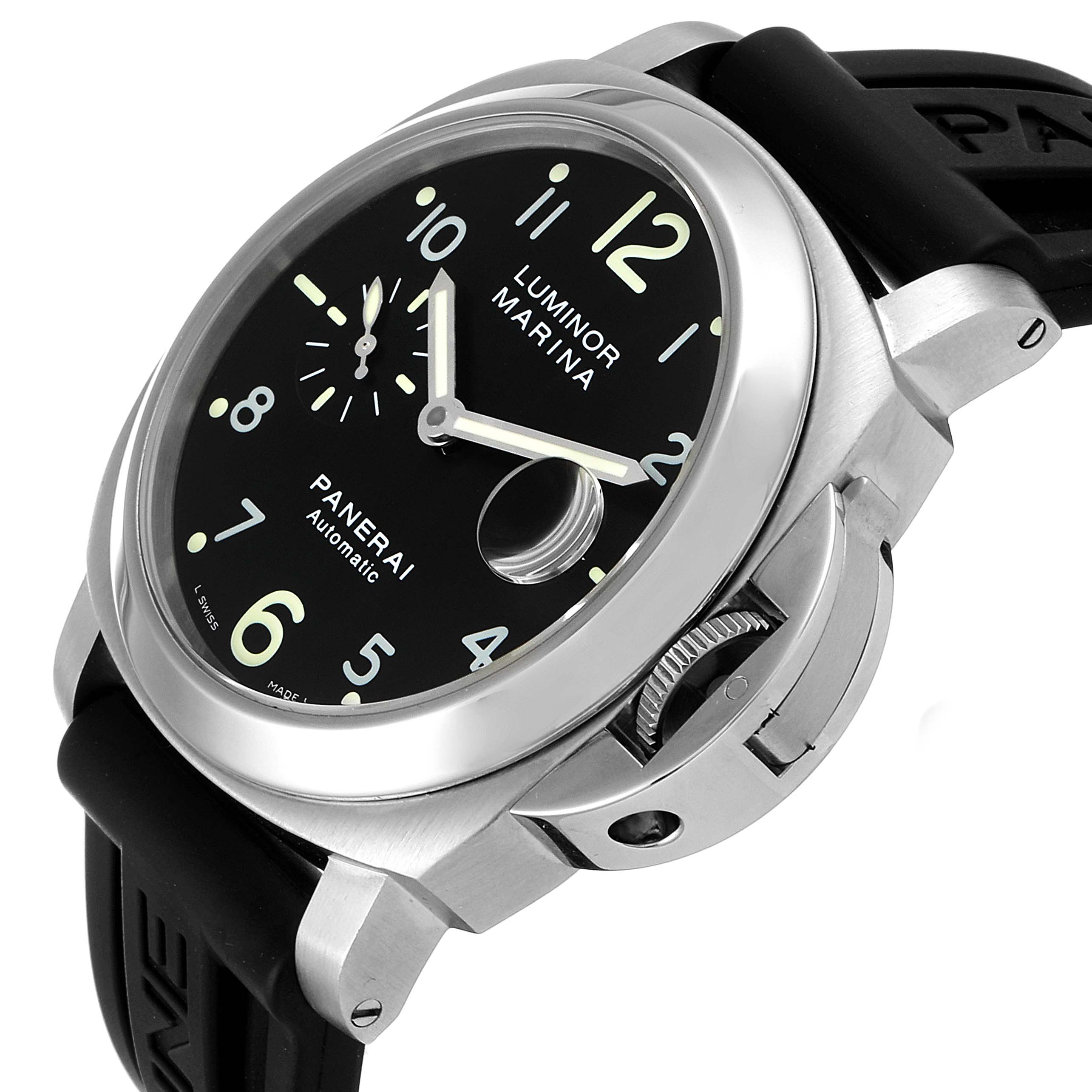 The image shows a close-up angled view of the Panerai Luminor PAM00164 Men
s Stainless Steel Black Dial PAM00164 Men
s Stainless Steel Black Dial Marina watch, highlighting the black dial, numerals, and crown protector.