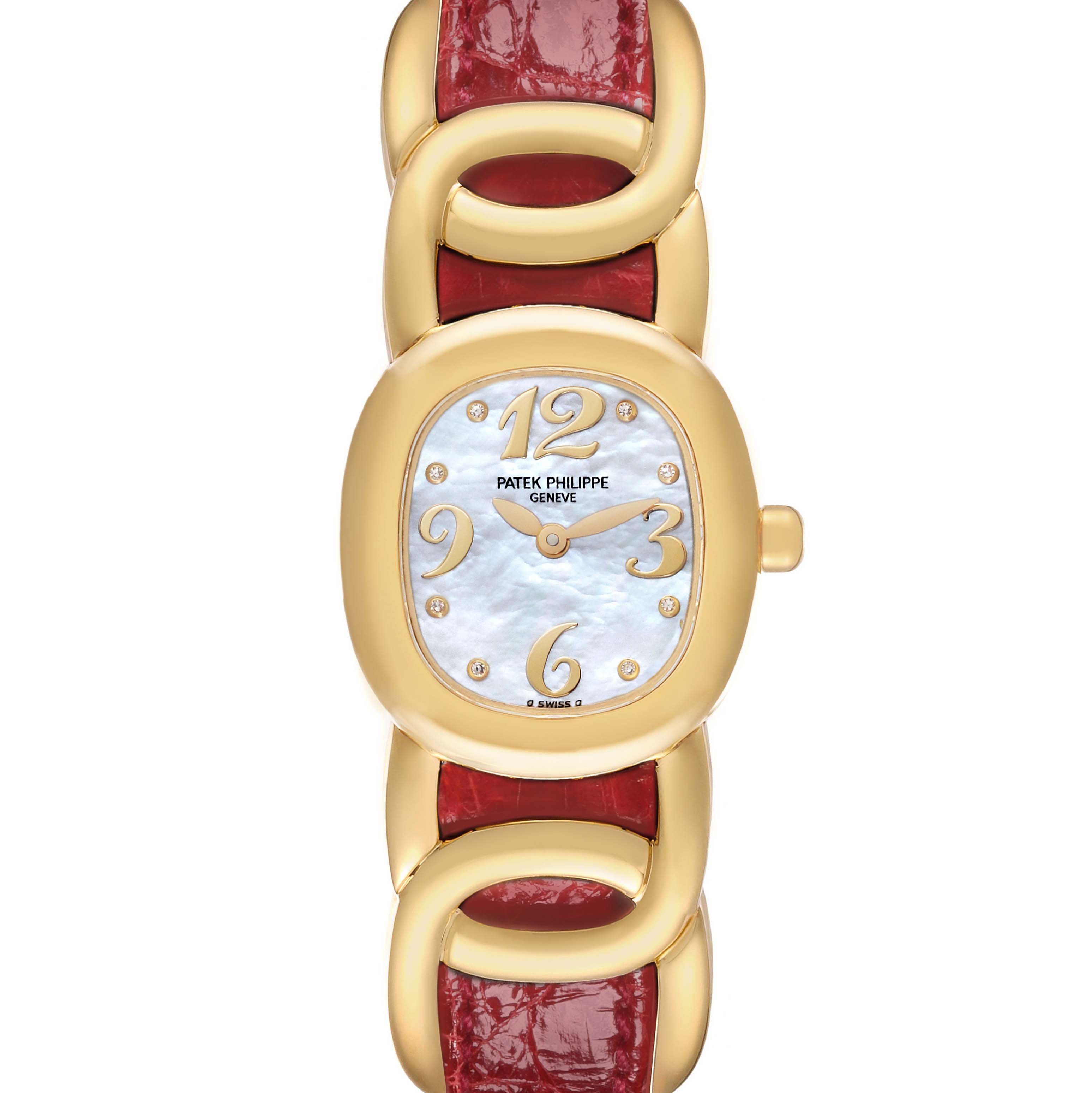The Patek Philippe Golden Ellipse 4830J Women's Yellow Gold Mother of Pearl Dial 4830J Women's Yellow Gold Mother of Pearl Dial watch is shown from the front, highlighting its red leather strap, gold bezel, and dial.