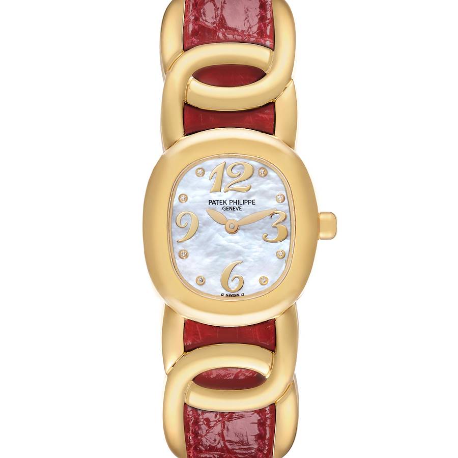 The Patek Philippe Golden Ellipse watch is shown from the front, highlighting its red leather strap, gold bezel, and dial.