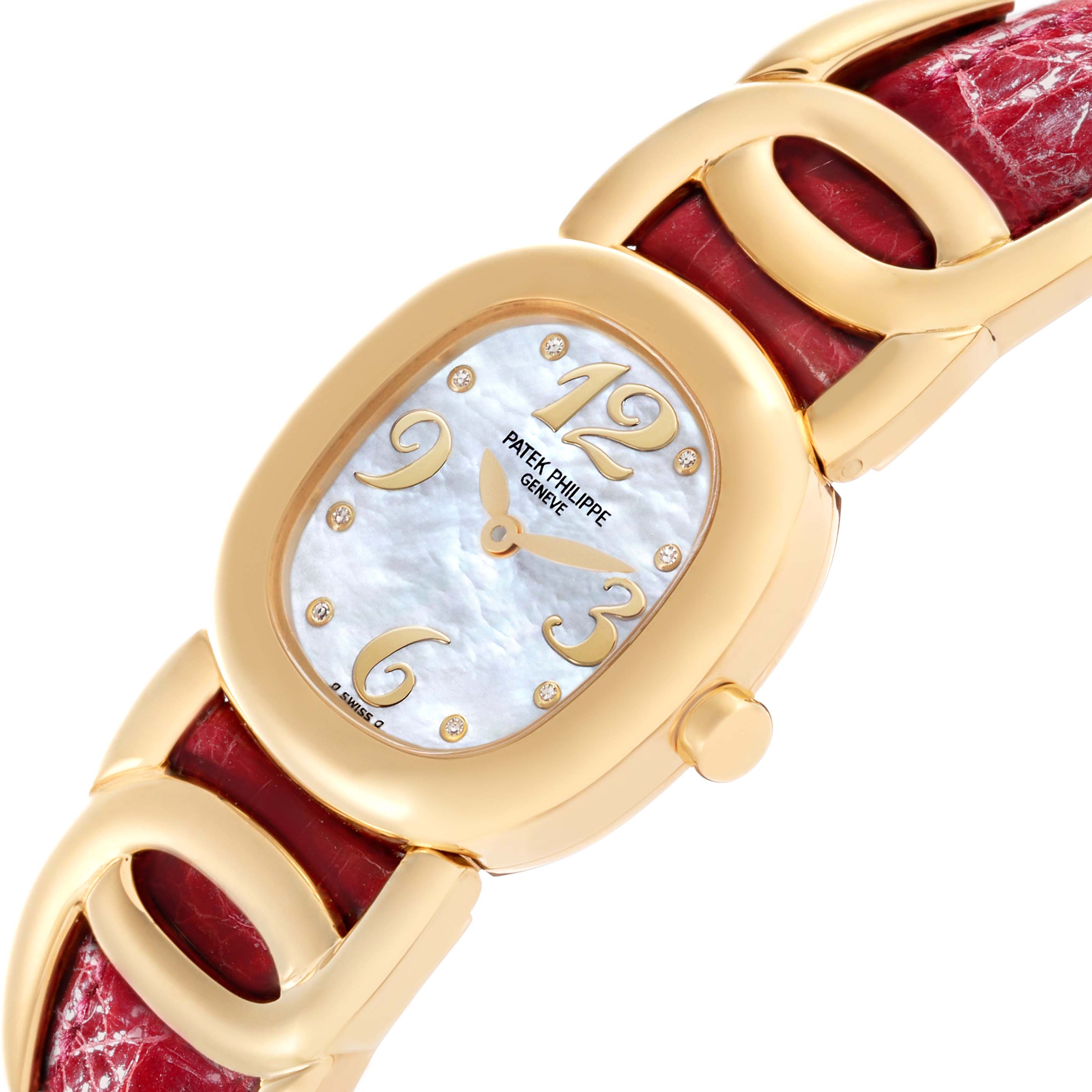 The image shows a top-down view of the Patek Philippe Golden Ellipse 4830J Women's Yellow Gold Mother of Pearl Dial 4830J Women's Yellow Gold Mother of Pearl Dial, highlighting the face, gold case, and red strap.