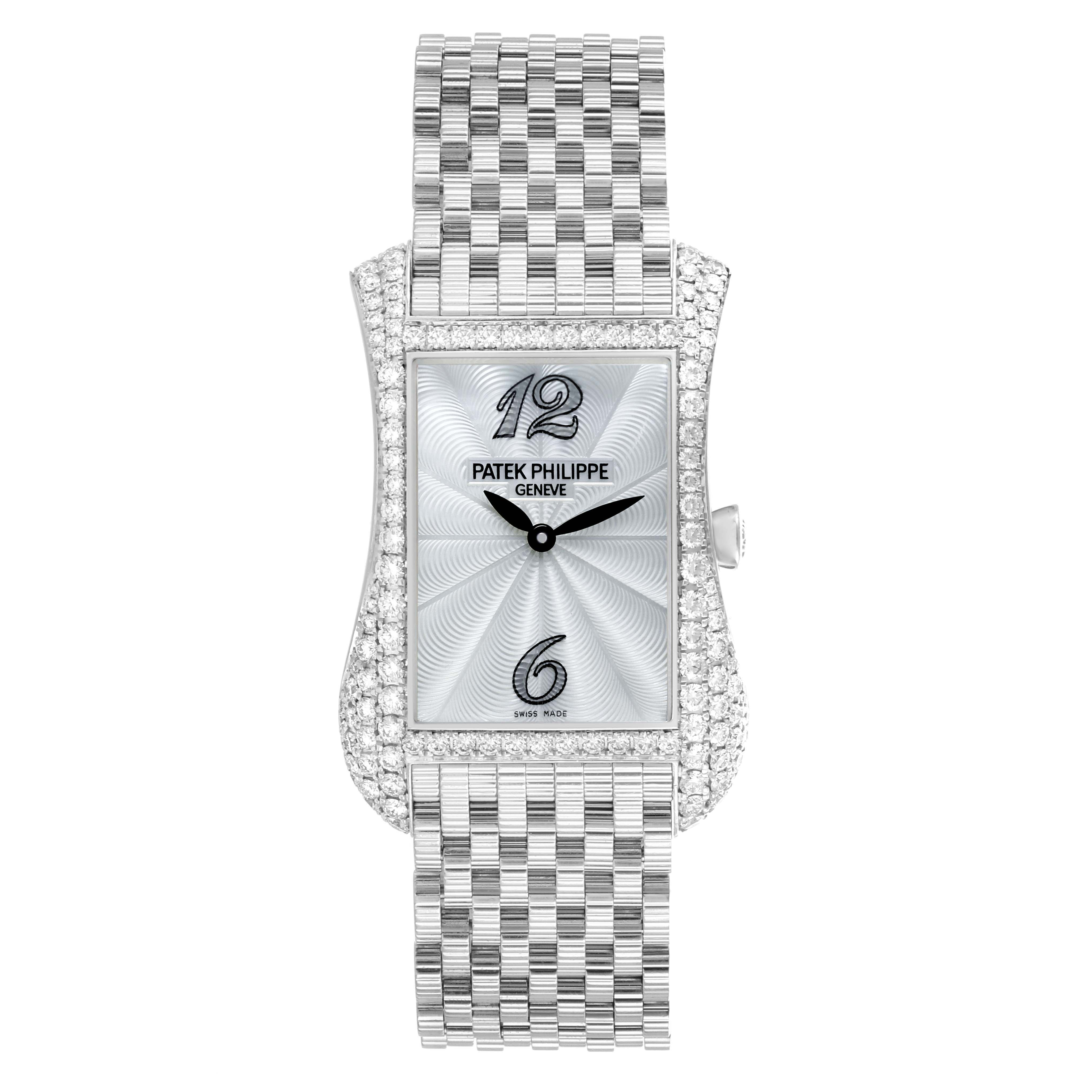The Patek Philippe Gondolo 4972/1G-001 Women's White Gold Mother of Pearl Dial 4972/1G-001 Women's White Gold Mother of Pearl Dial watch is shown from a top view, displaying the face, bezel, and bracelet.
