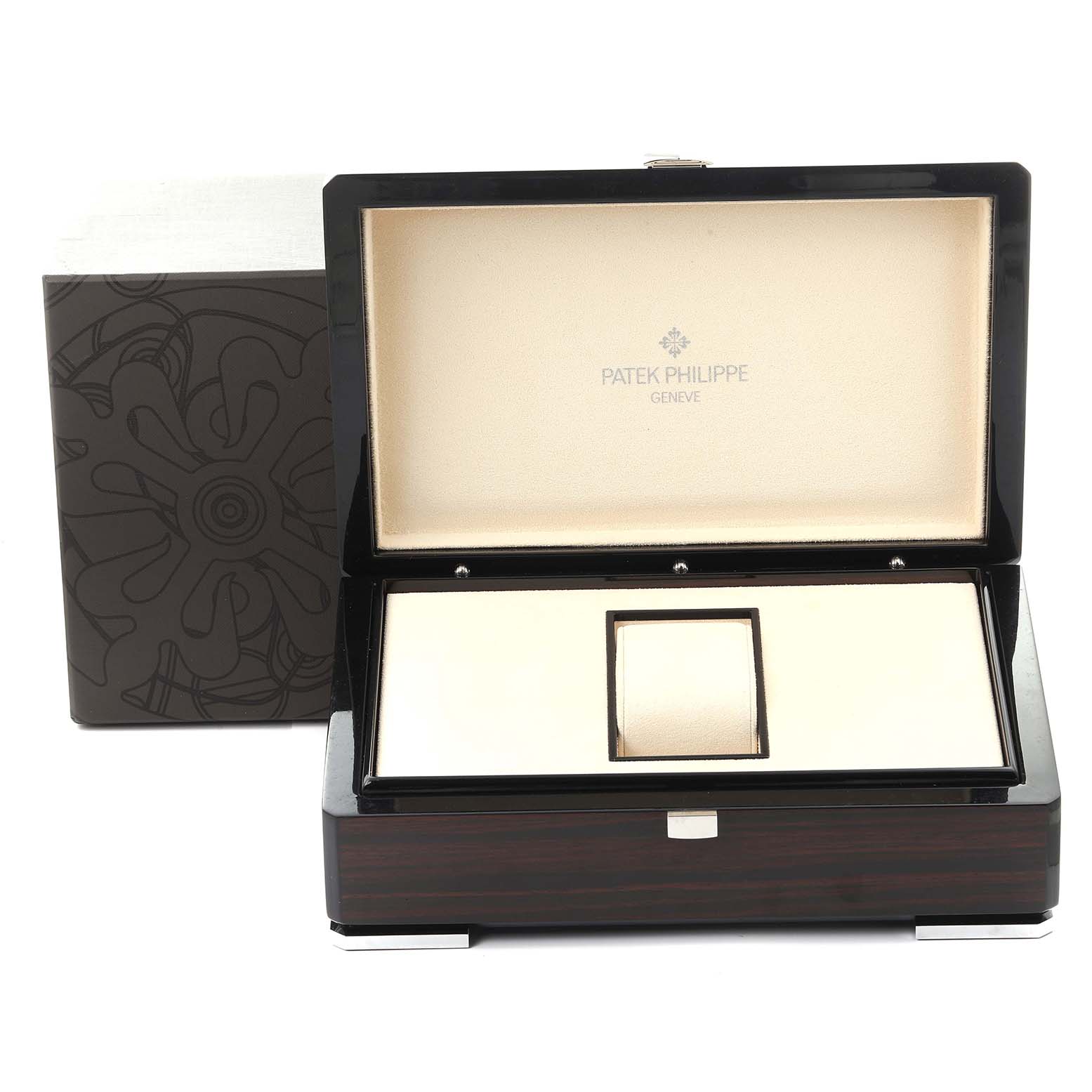 The image shows a Patek Philippe Gondolo 4972/1G-001 Women's White Gold Mother of Pearl Dial 4972/1G-001 Women's White Gold Mother of Pearl Dial watch box open, with a padded interior and external packaging.