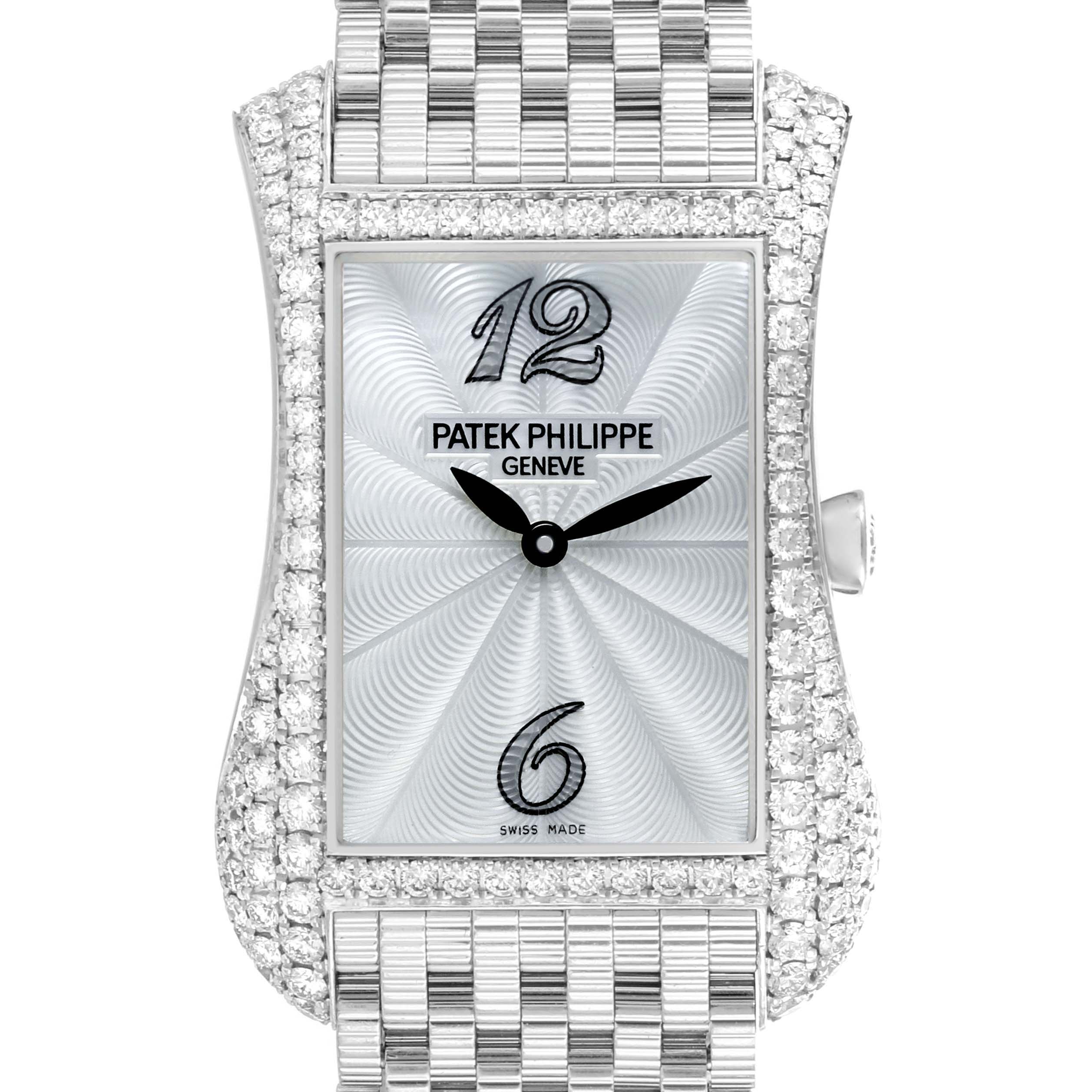 The image shows a frontal view of the Patek Philippe Gondolo 4972/1G-001 Women's White Gold Mother of Pearl Dial 4972/1G-001 Women's White Gold Mother of Pearl Dial watch with its face, diamond bezel, and part of the bracelet.