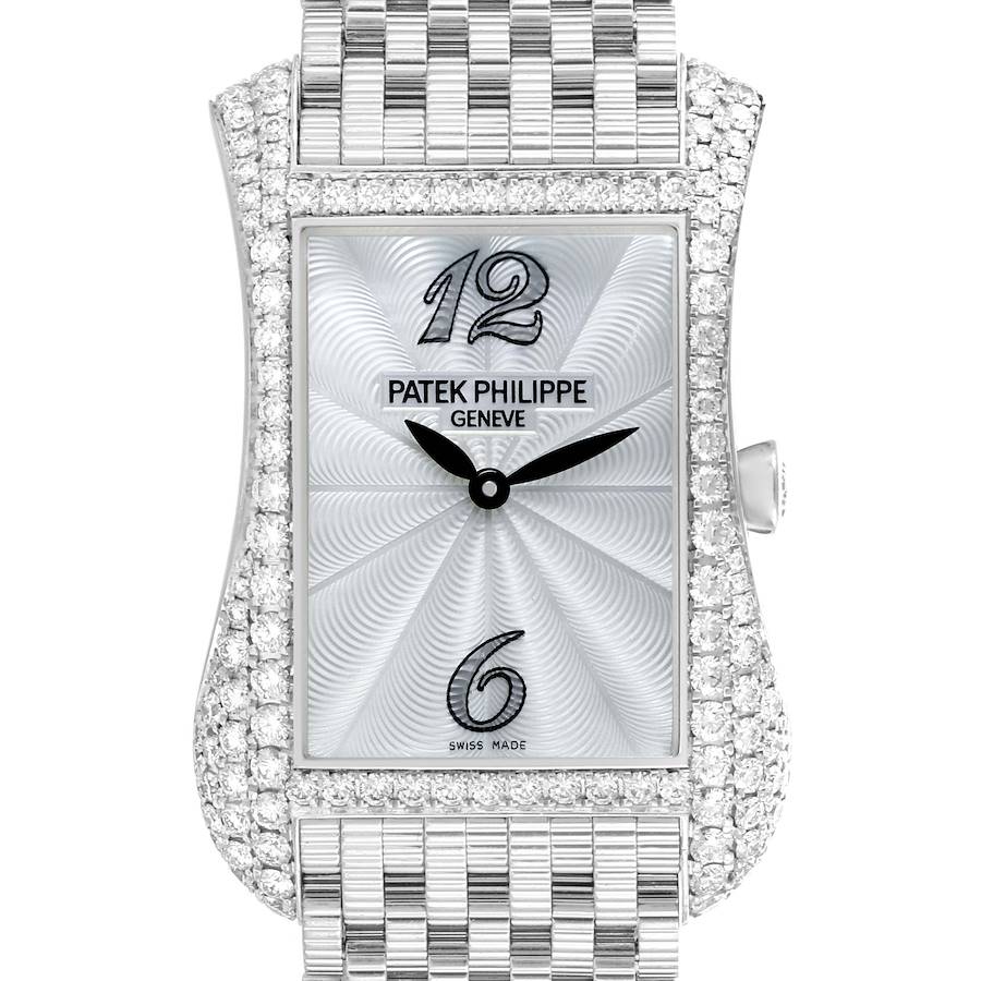 The image shows a frontal view of the Patek Philippe Gondolo watch with its face, diamond bezel, and part of the bracelet.