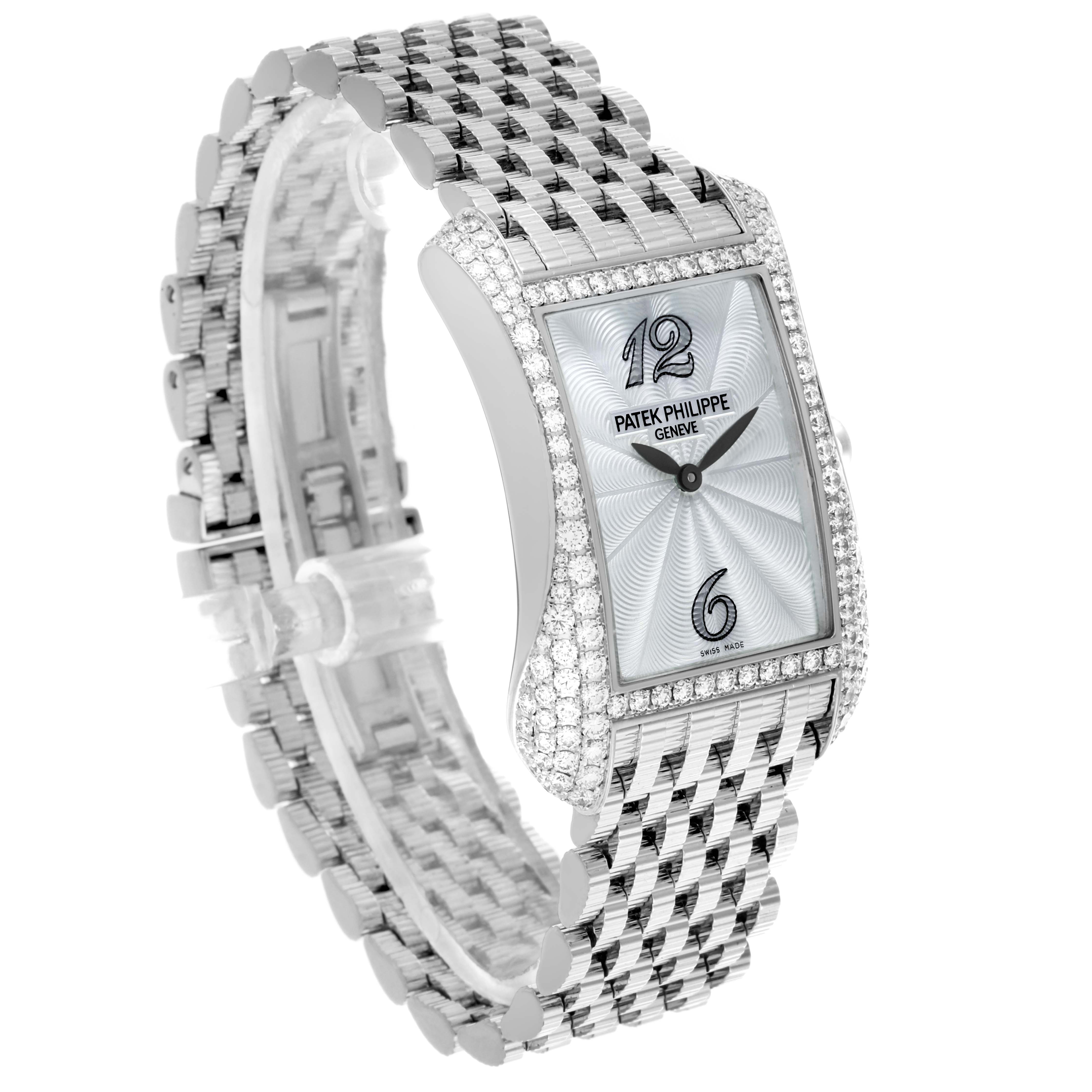 The Patek Philippe Gondolo 4972/1G-001 Women's White Gold Mother of Pearl Dial 4972/1G-001 Women's White Gold Mother of Pearl Dial watch is shown from a three-quarter angle displaying the face, bezel, and bracelet.