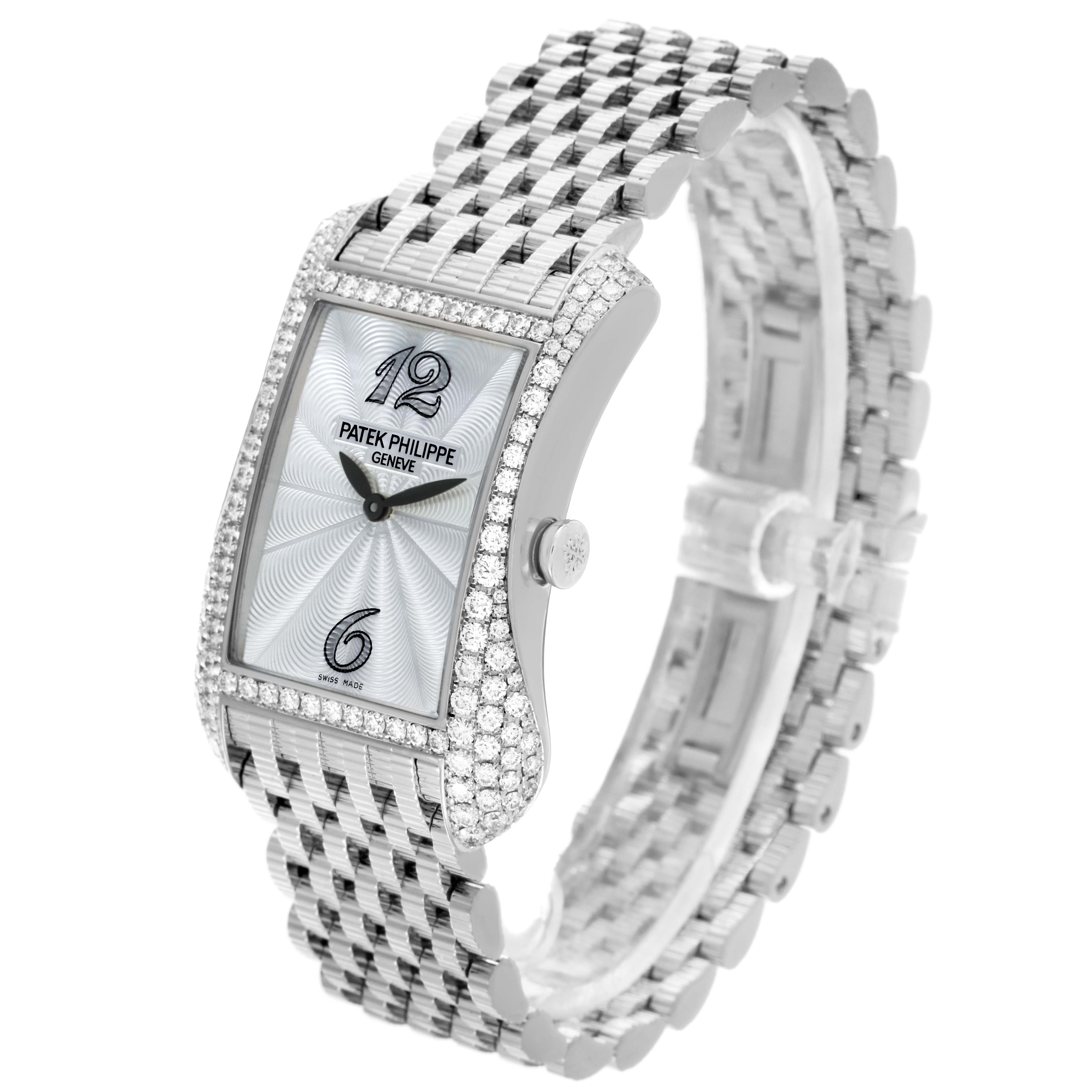 The image shows a Patek Philippe Gondolo 4972/1G-001 Women's White Gold Mother of Pearl Dial 4972/1G-001 Women's White Gold Mother of Pearl Dial watch at a three-quarter angle, displaying the face, dial, bezel, and bracelet.