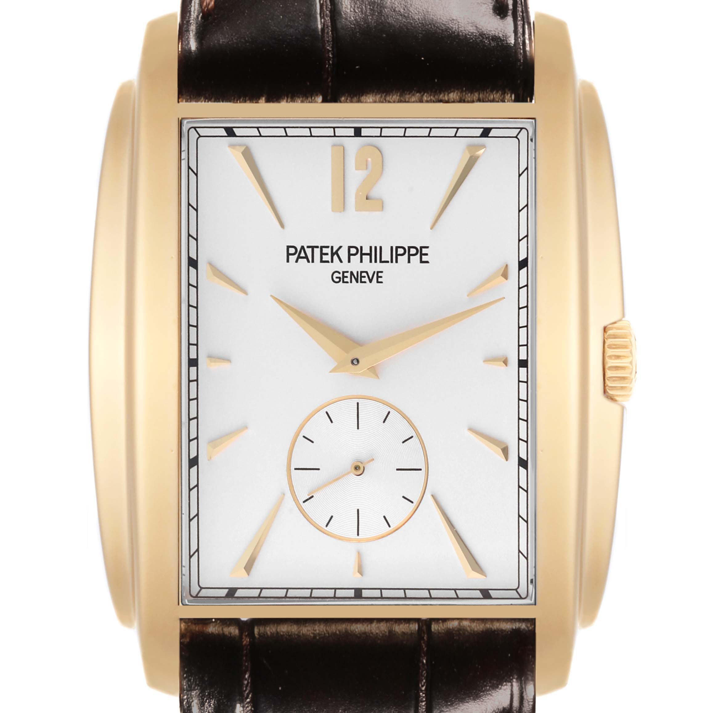 The image shows a front view of the Patek Philippe Gondolo 5124J Men's Yellow Gold Silver Dial 5124J Men's Yellow Gold Silver Dial watch, highlighting its dial and case.