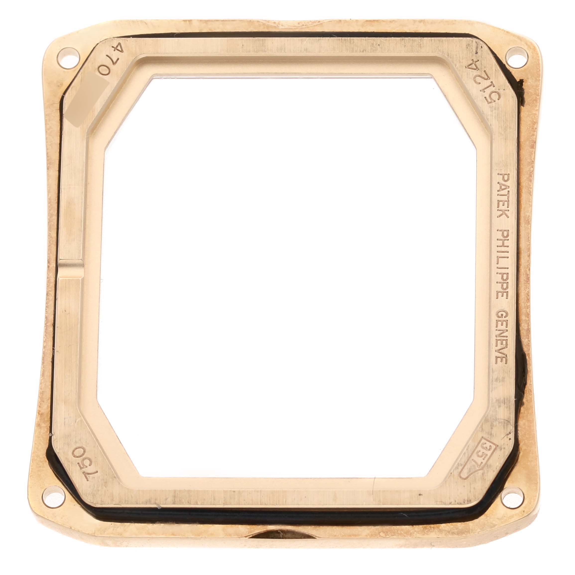 This image shows the frame or bezel of a Patek Philippe Gondolo 5124J Men's Yellow Gold Silver Dial 5124J Men's Yellow Gold Silver Dial watch from a top-down angle.