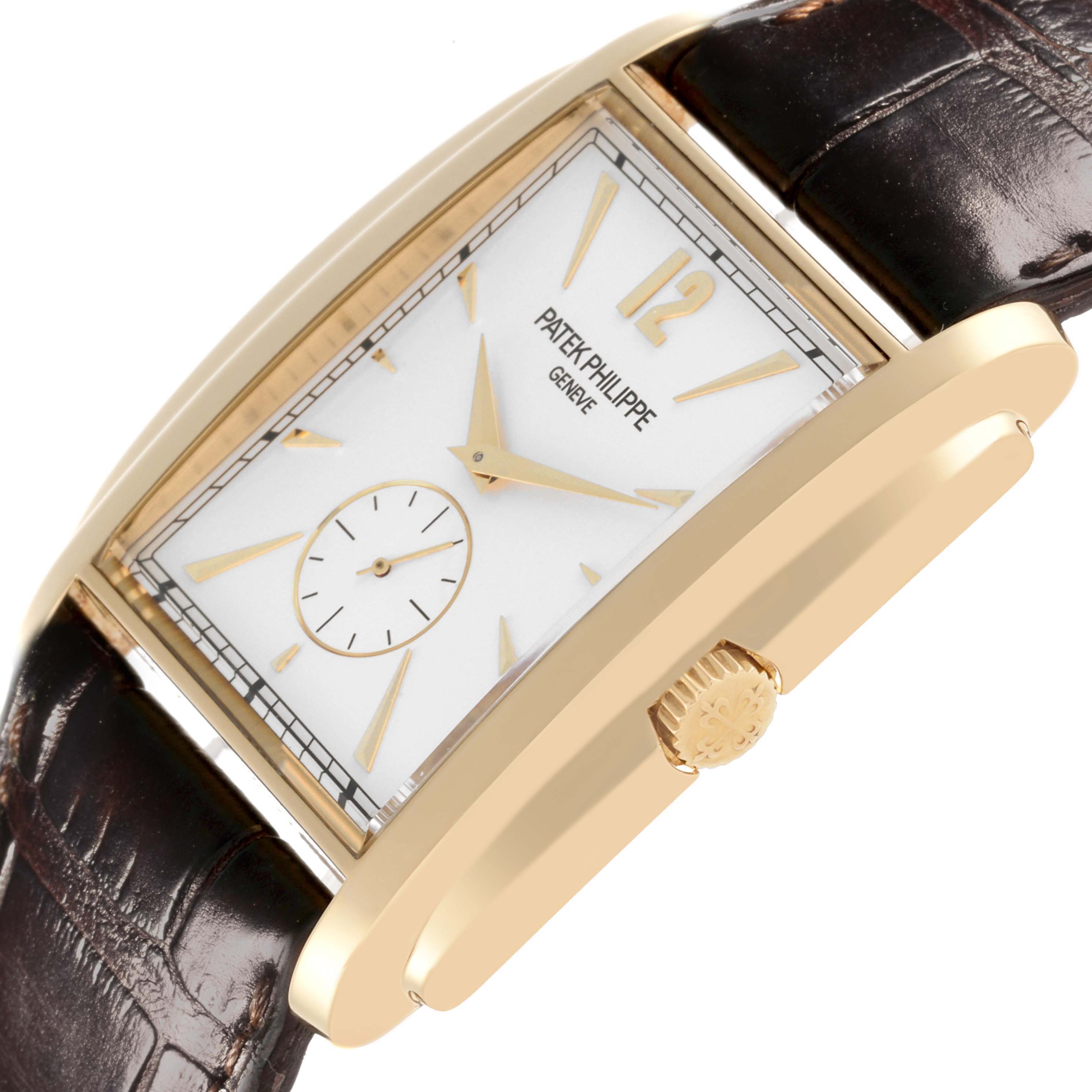 The Patek Philippe Gondolo 5124J Men's Yellow Gold Silver Dial 5124J Men's Yellow Gold Silver Dial watch is shown at an angled view, highlighting the dial, crown, and part of the leather strap.