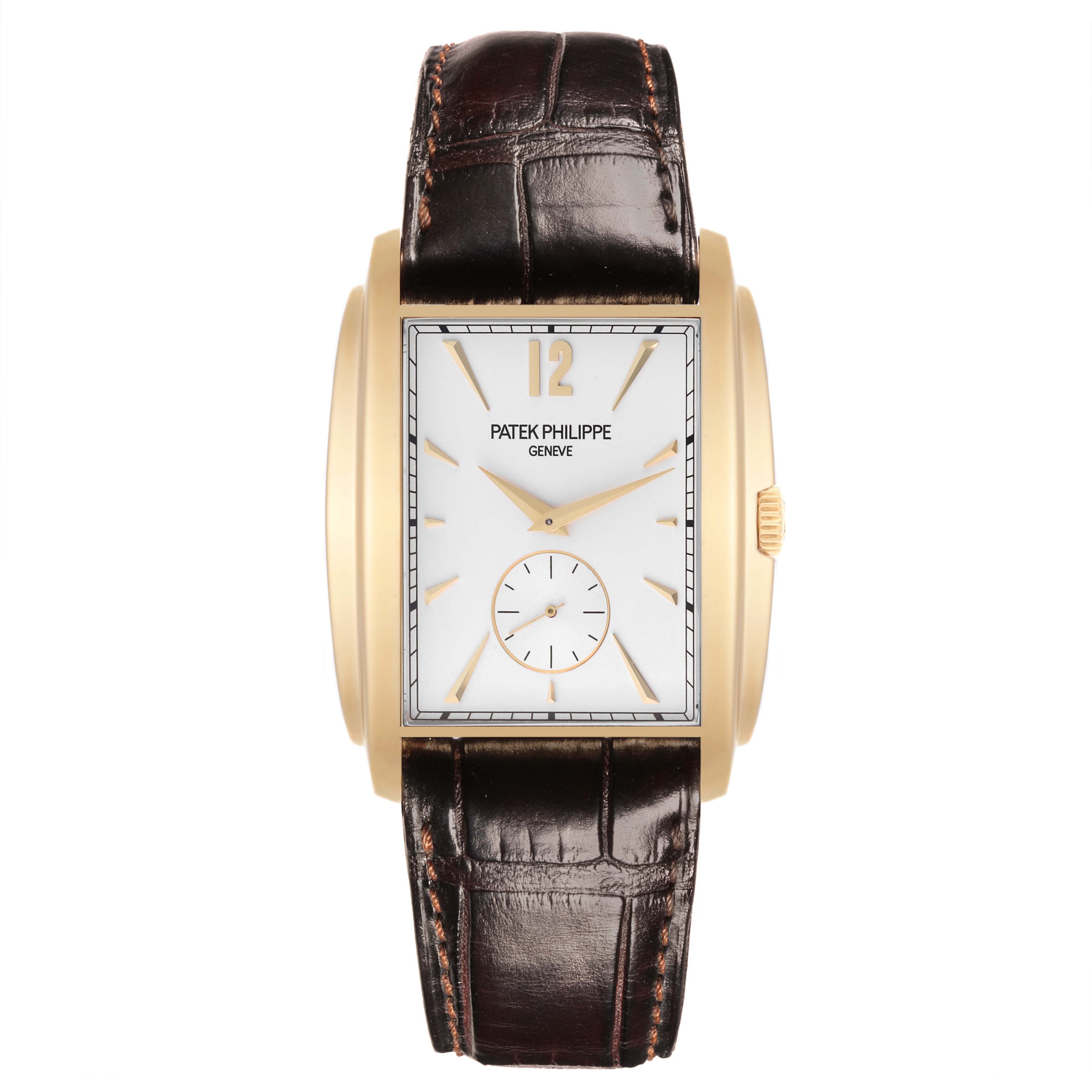 The Patek Philippe Gondolo 5124J Men's Yellow Gold Silver Dial 5124J Men's Yellow Gold Silver Dial watch is shown from a front angle, displaying the face, strap, and crown.