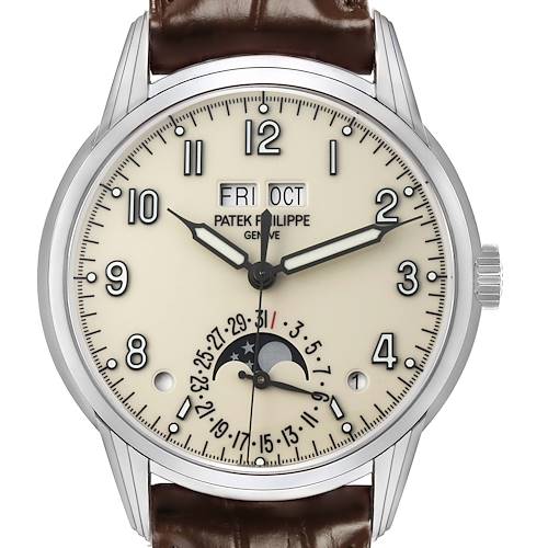 The image shows a front view of the Patek Philippe Complications 5320G Men's White Gold White Dial watch, displaying its face, hands, date, and moon phase indicators.