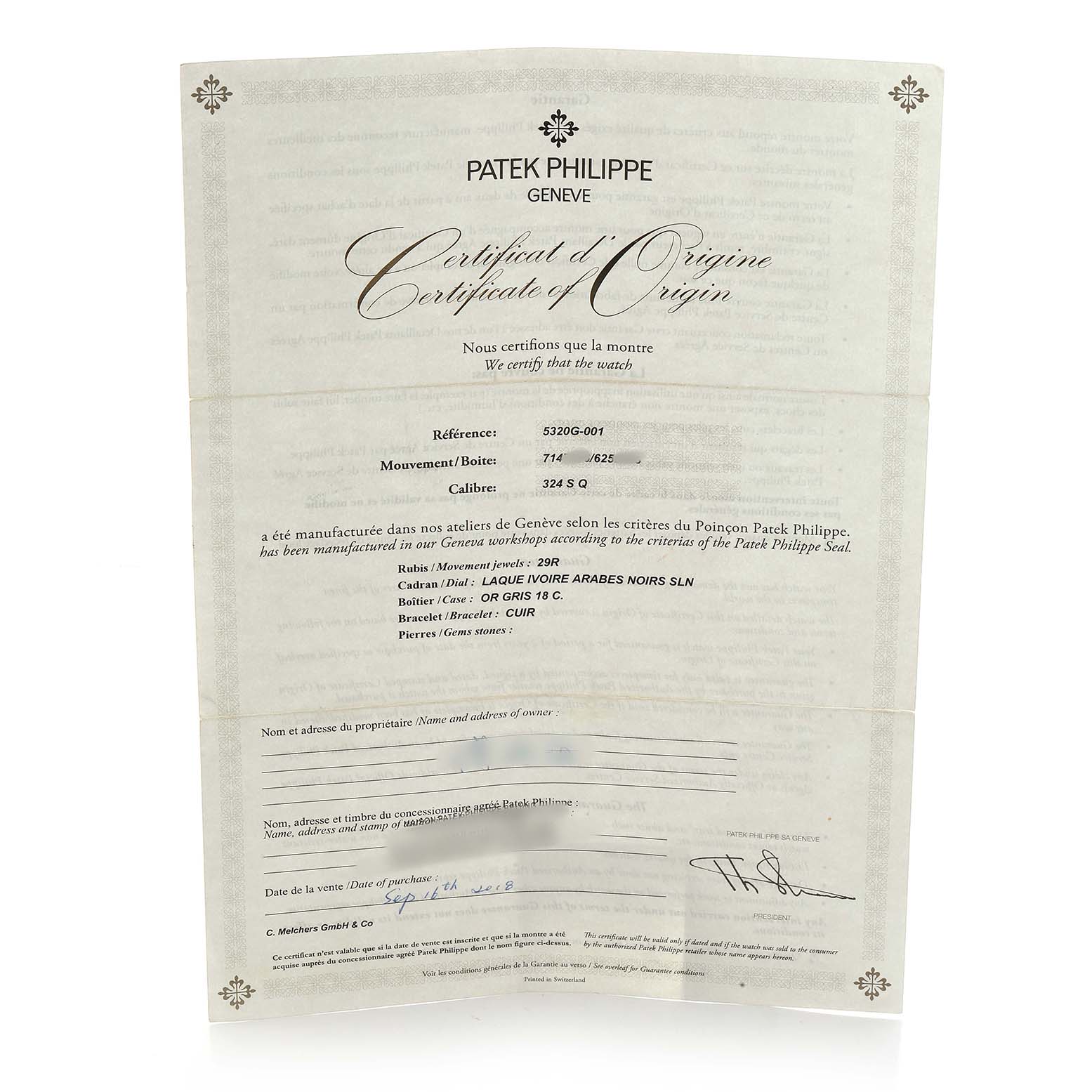 The image shows a Certificate of Origin for a Patek Philippe Complications 5320G Men's White Gold White Dial model, viewed flat and upright.