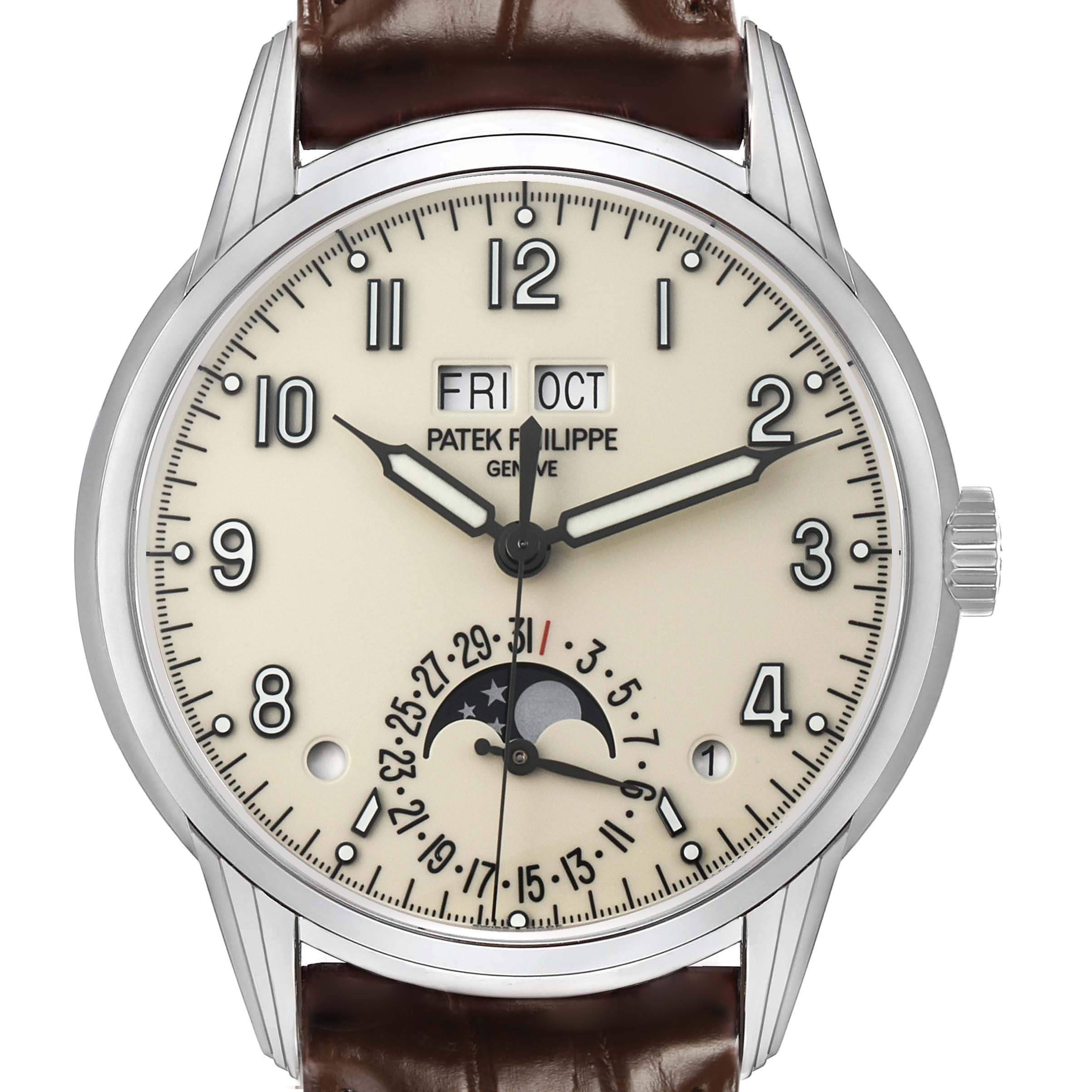 The Patek Philippe Complications 5320G Men's White Gold White Dial watch is shown from a front angle, displaying the dial, hands, date, and moon phase.