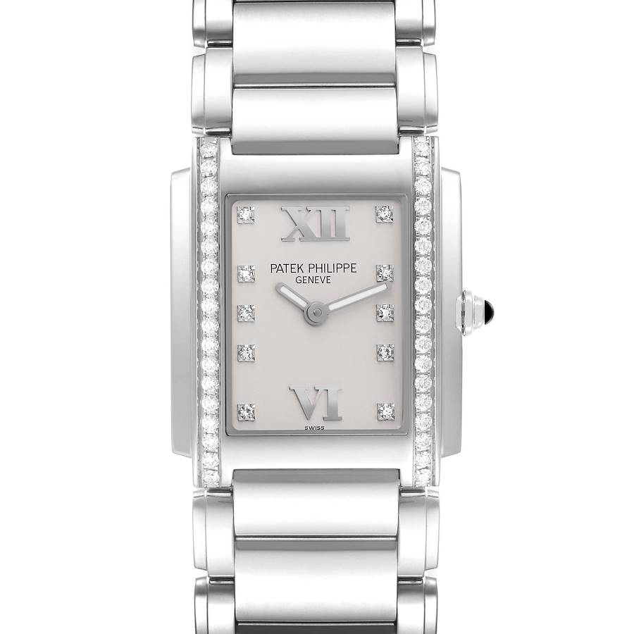 The image shows a frontal view of the Patek Philippe Twenty-4 watch, highlighting its face, bracelet, and diamond accents.